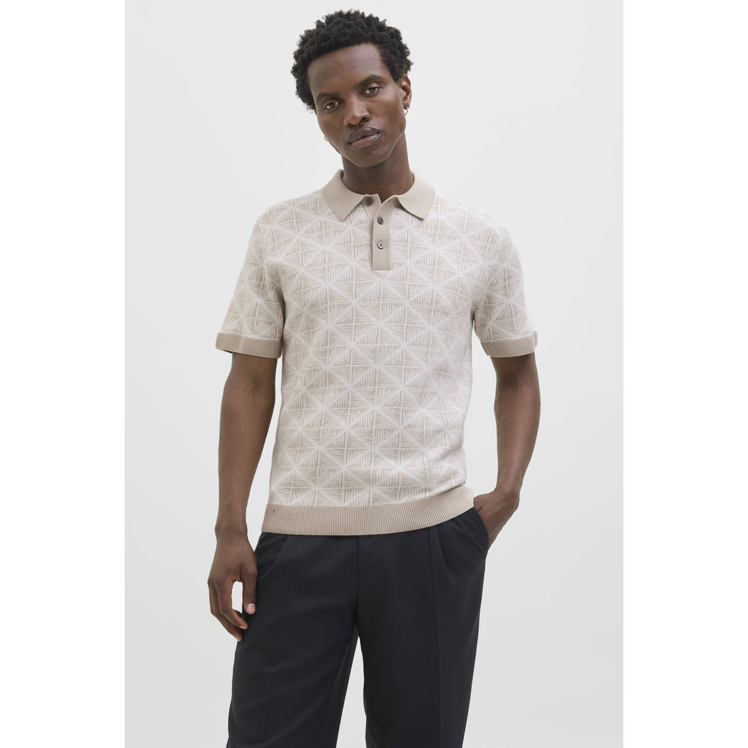 JACK & JONES PREMIUM regular polo met ingebreid patroon beige