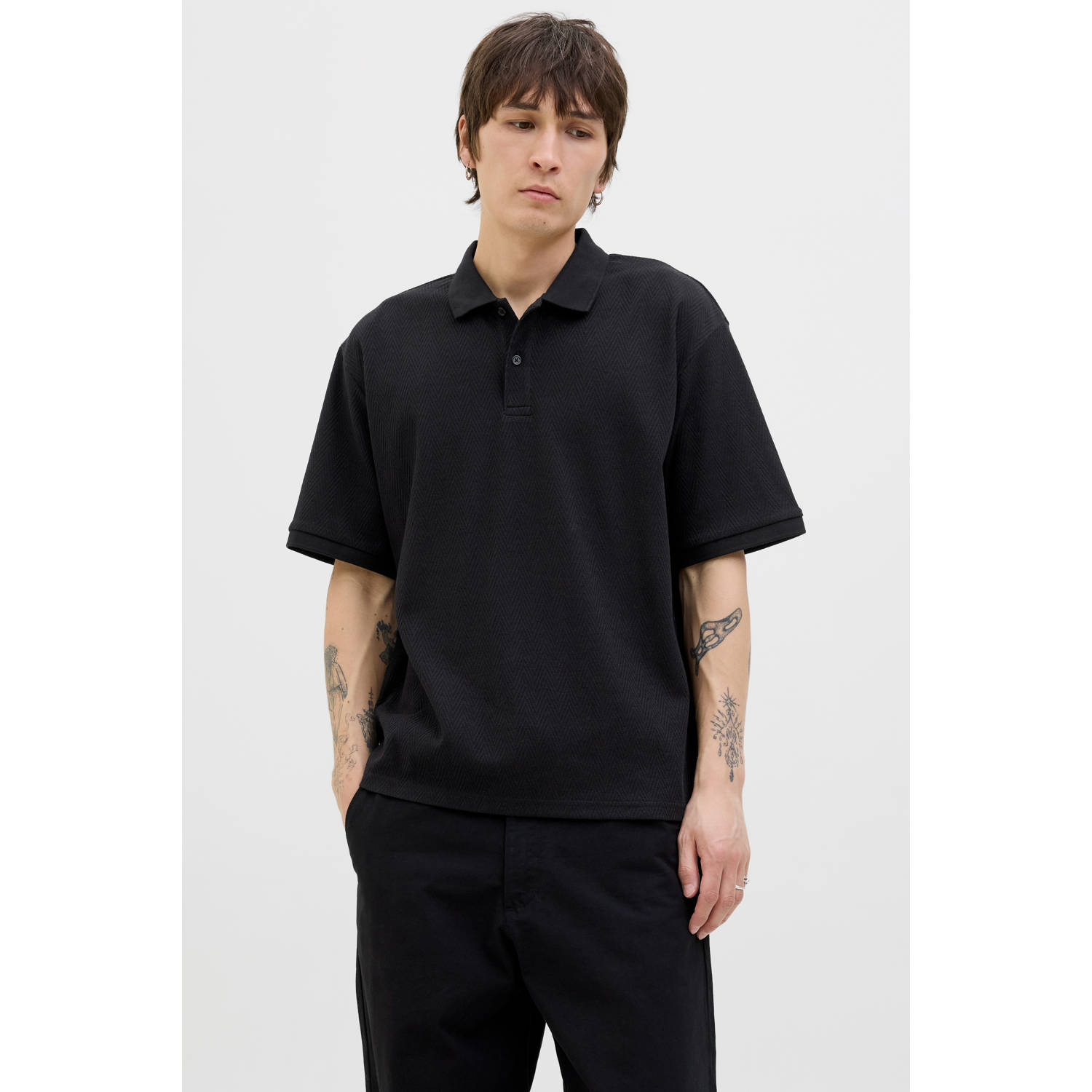 JACK & JONES PREMIUM relaxed polo met ingebreid patroon zwart