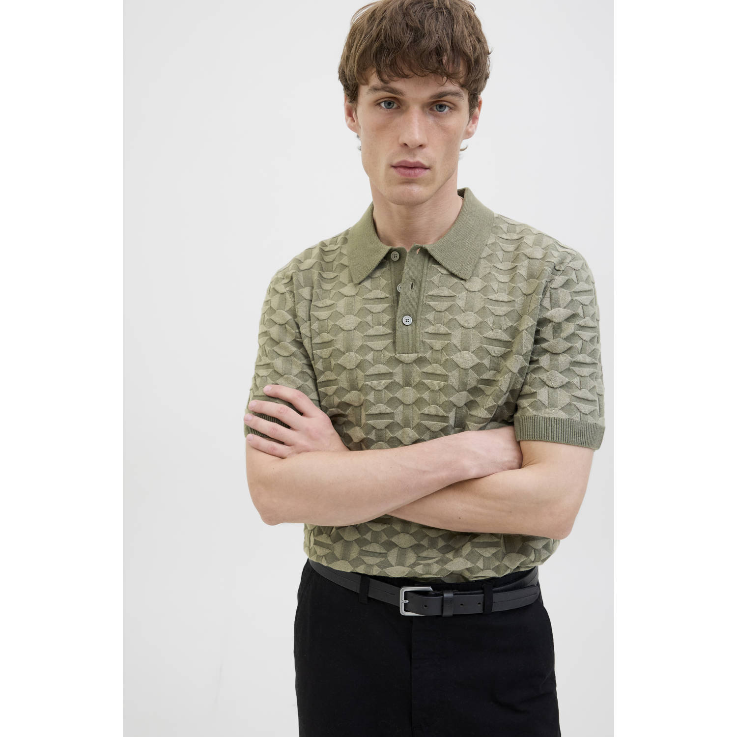 JACK & JONES PREMIUM regular polo met ingebreid patroon olijfgroen
