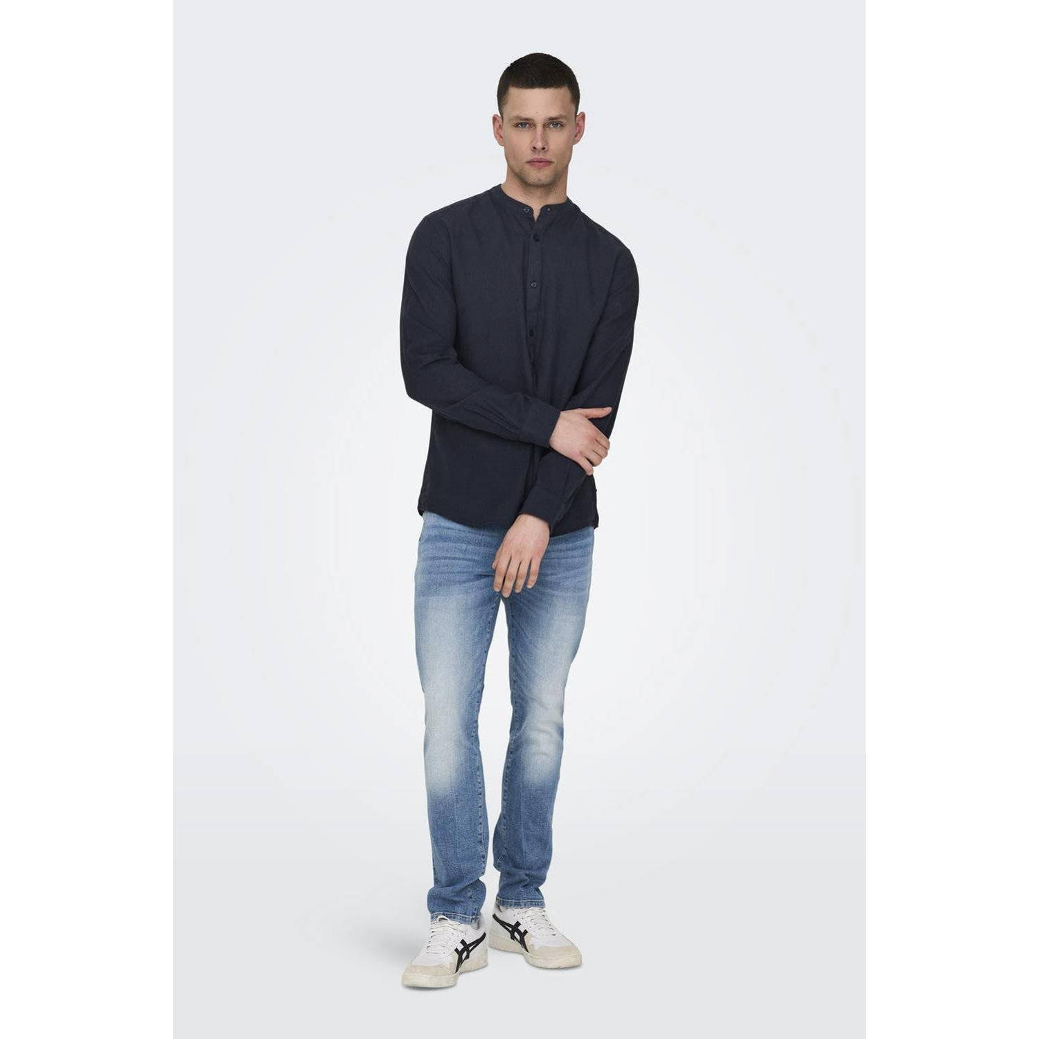 ONLY & SONS linnen casual overhemd donkerblauw