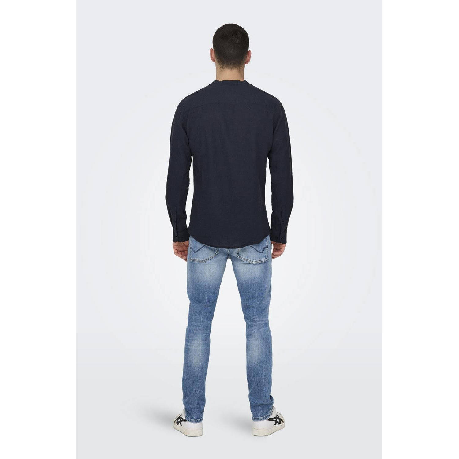 ONLY & SONS linnen casual overhemd donkerblauw