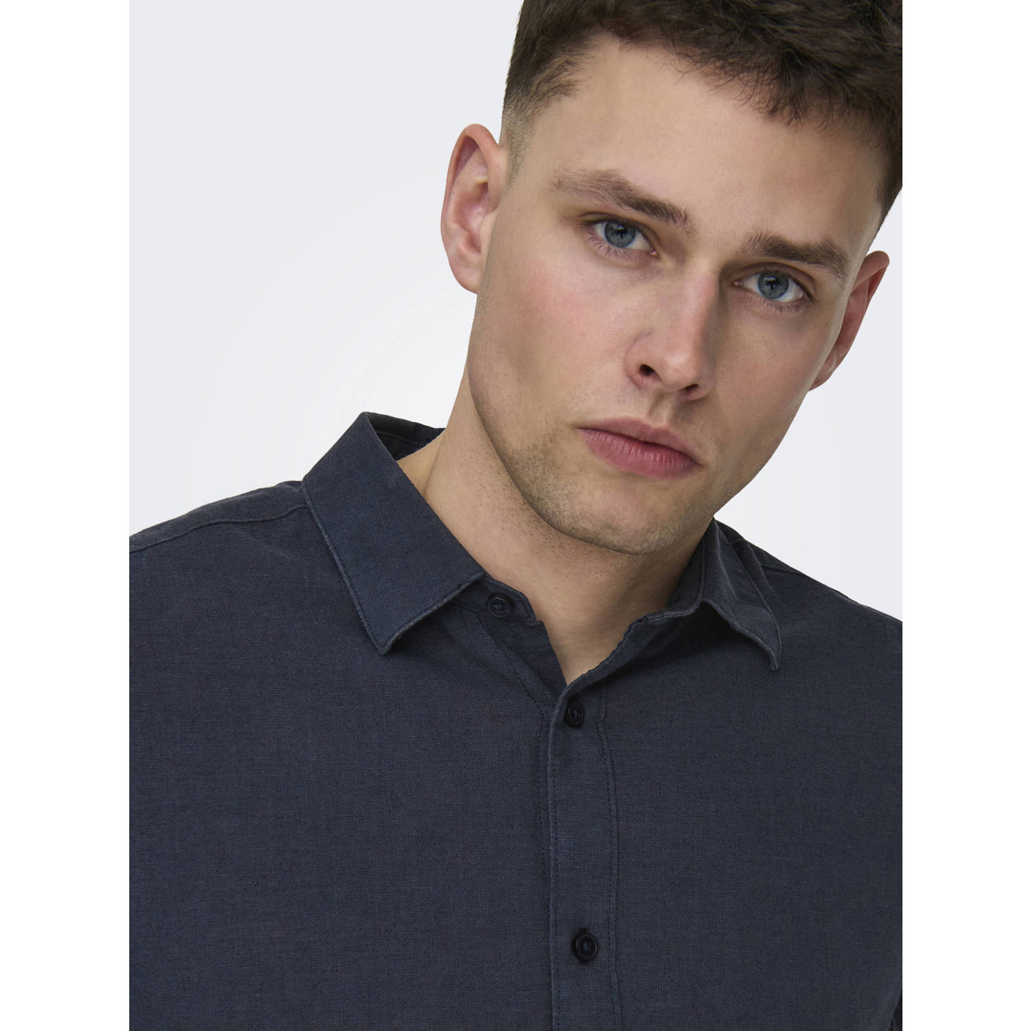 ONLY & SONS linnen casual overhemd donkerblauw