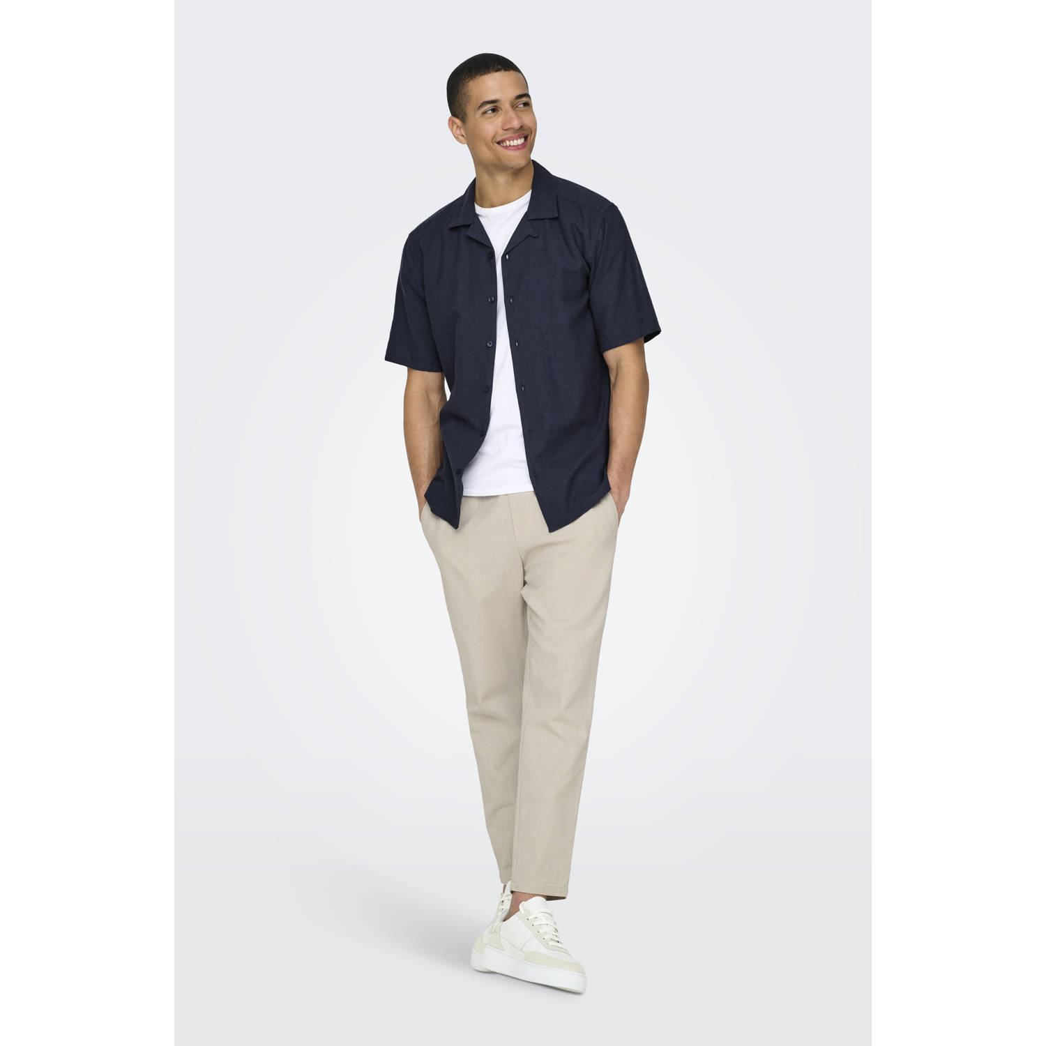 ONLY & SONS linnen casual overhemd donkerblauw
