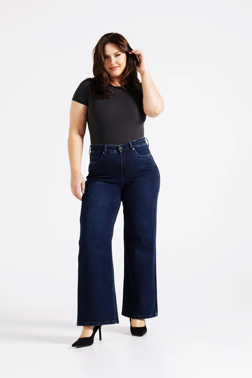 Dark blue denim dames Fox Factor high waist wide leg jeans dark blue van stretchdenim met rits- en knoopsluiting en effen