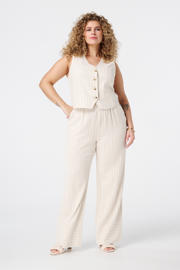 thumbnail: Zandkleurige dames MS Mode gilet van viscose met krijtstreepprint, V-hals en rits- en drukknoopsluiting