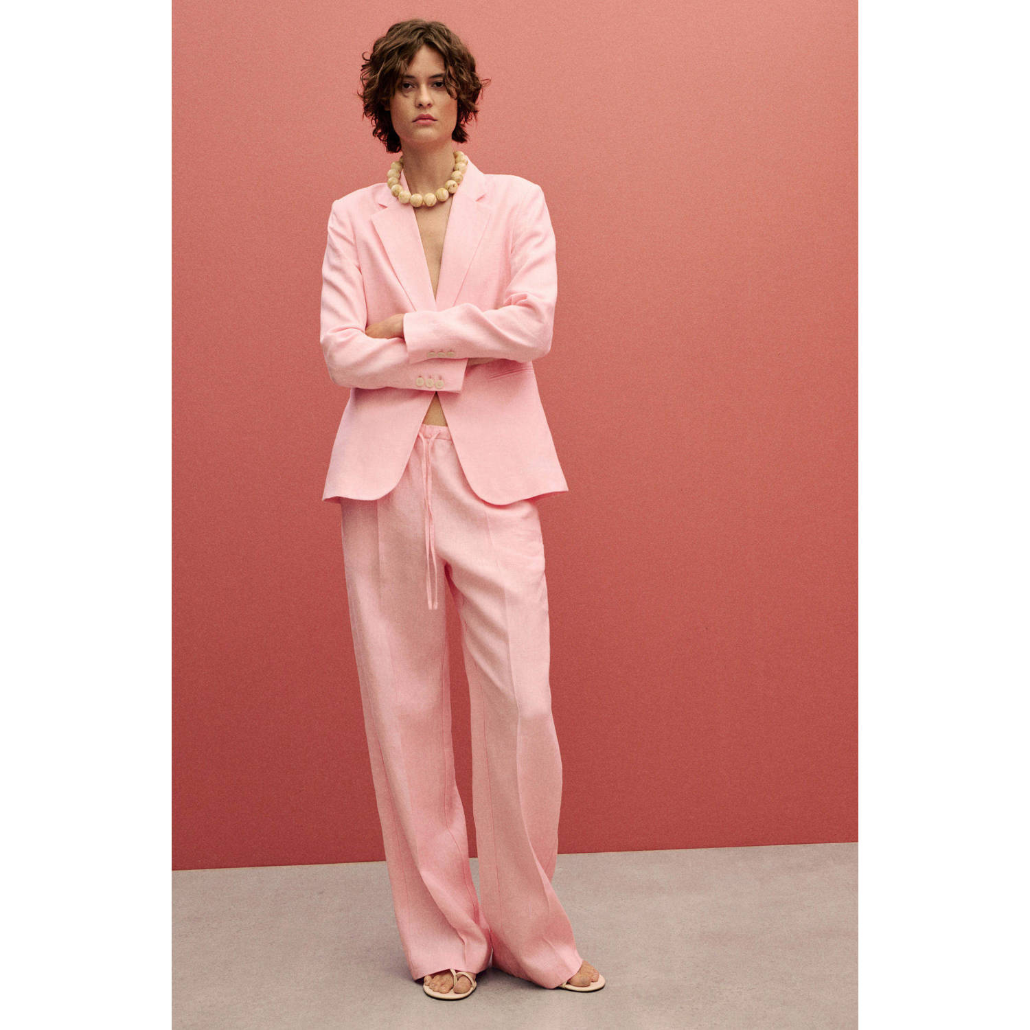 Mango linnen wide leg regular waist broek roze