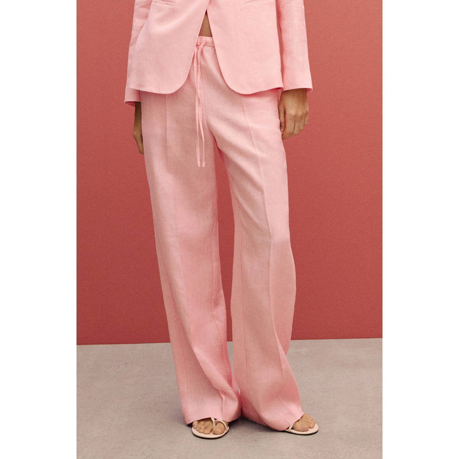 Mango linnen wide leg regular waist broek roze