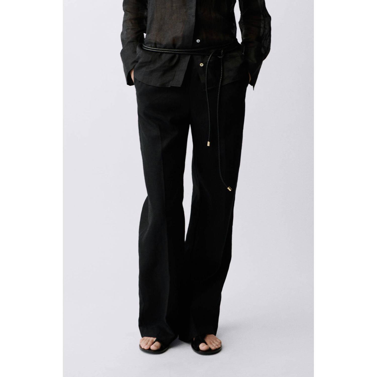 Mango linnen wide leg regular waist broek zwart