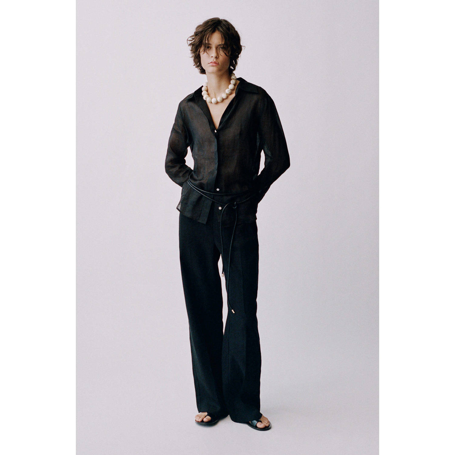 Mango linnen wide leg regular waist broek zwart