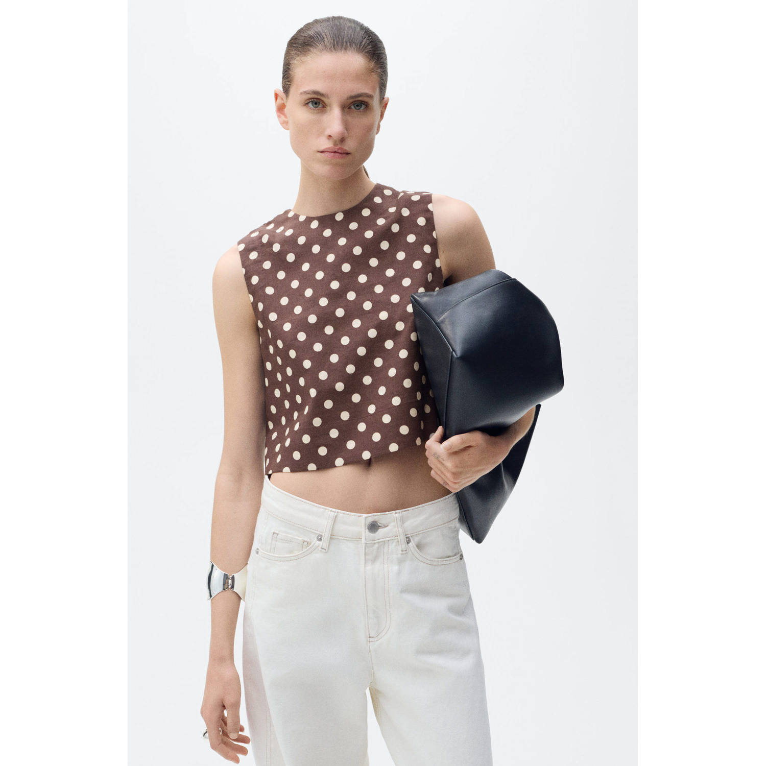 Mango linnen cropped top donkerbruin