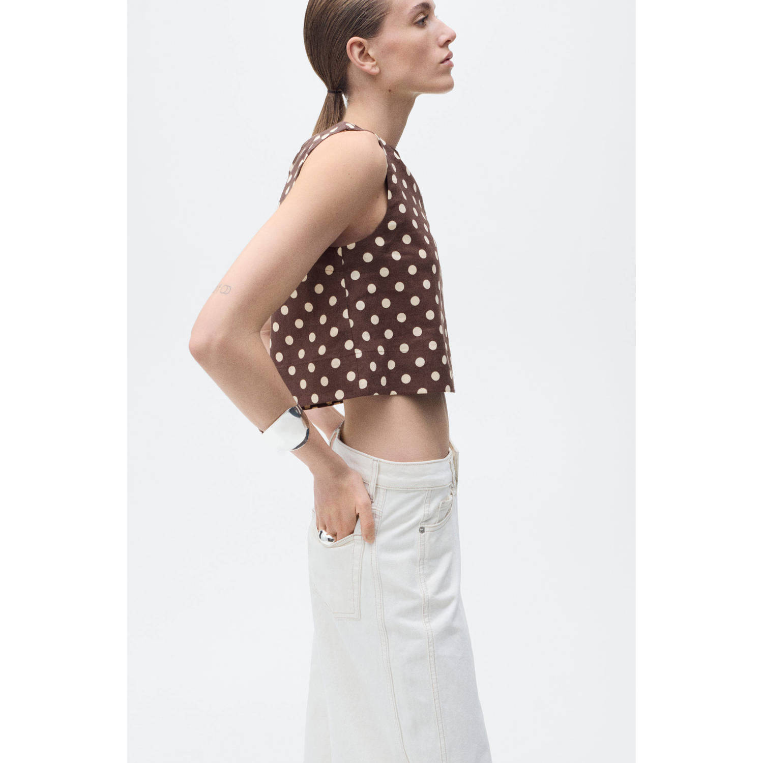 Mango linnen cropped top donkerbruin