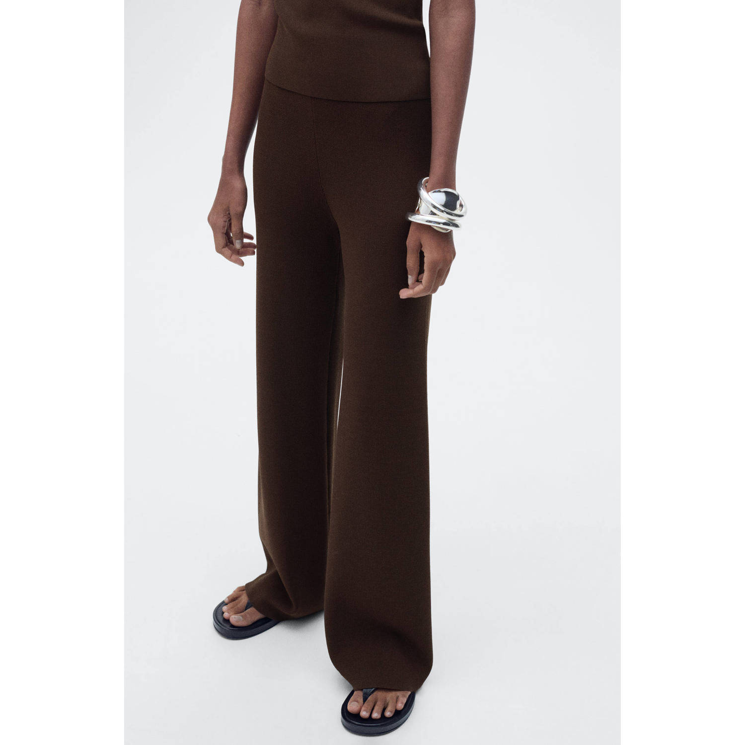 Mango wide leg high waist broek donkerbruin gebreid