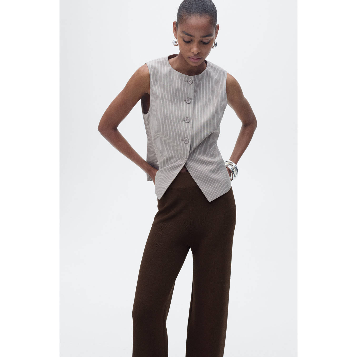 Mango wide leg high waist broek donkerbruin gebreid