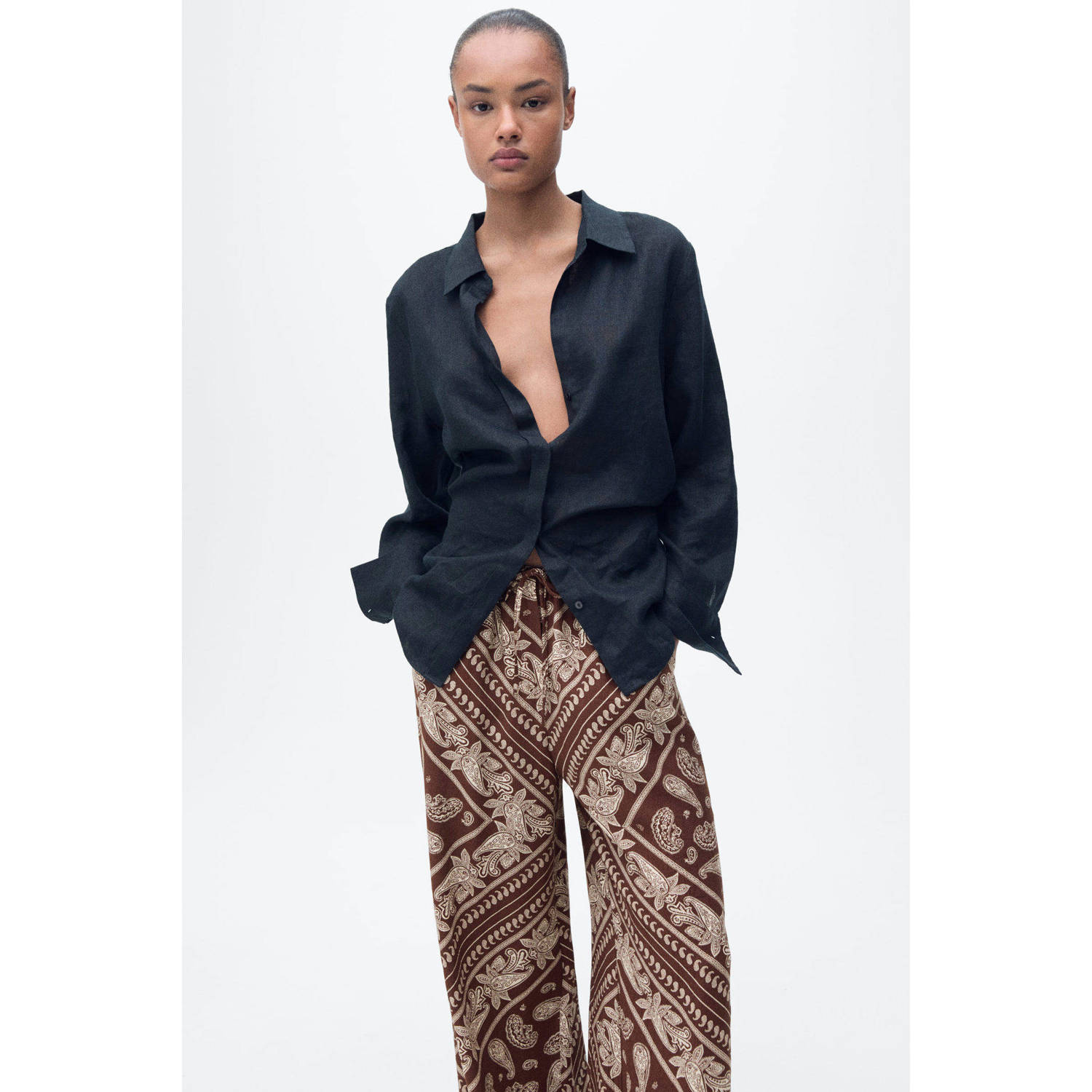 Mango wide leg regular waist broek bruin