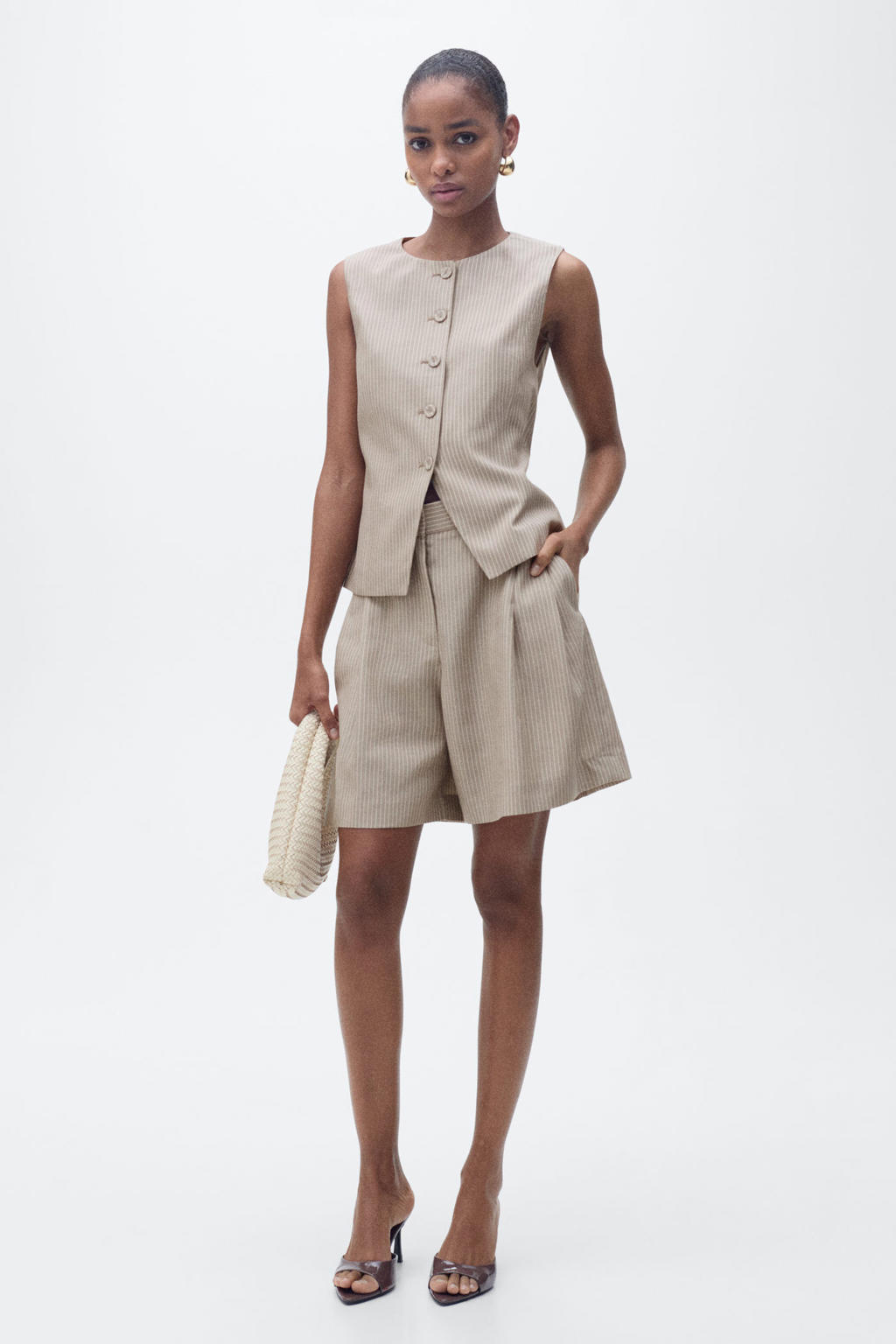 Beige dames Mango gilet van lyocell met krijtstreepprint, reverskraag en knoopsluiting