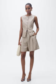 thumbnail: Beige dames Mango gilet van lyocell met krijtstreepprint, reverskraag en knoopsluiting