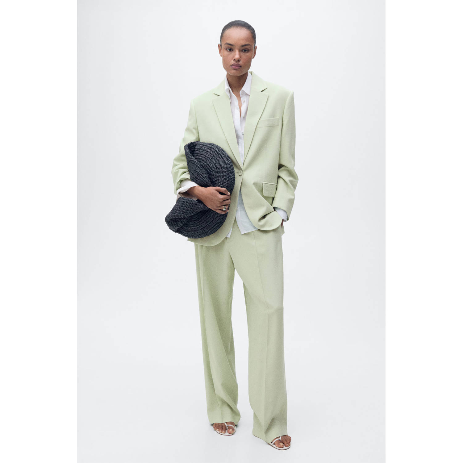 Mango wide leg regular waist broek lichtgroen