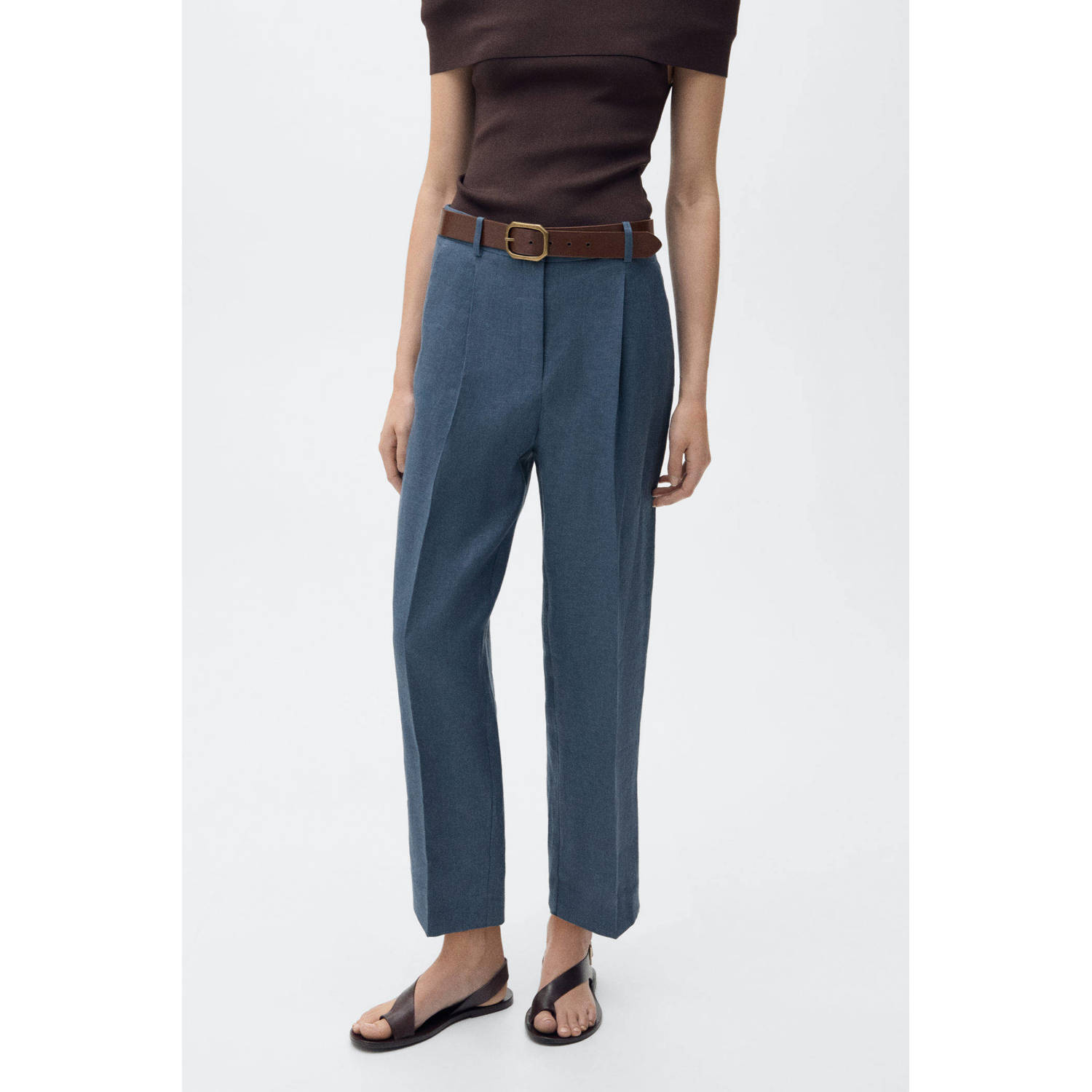 Mango linnen straight high waist pantalon blauw