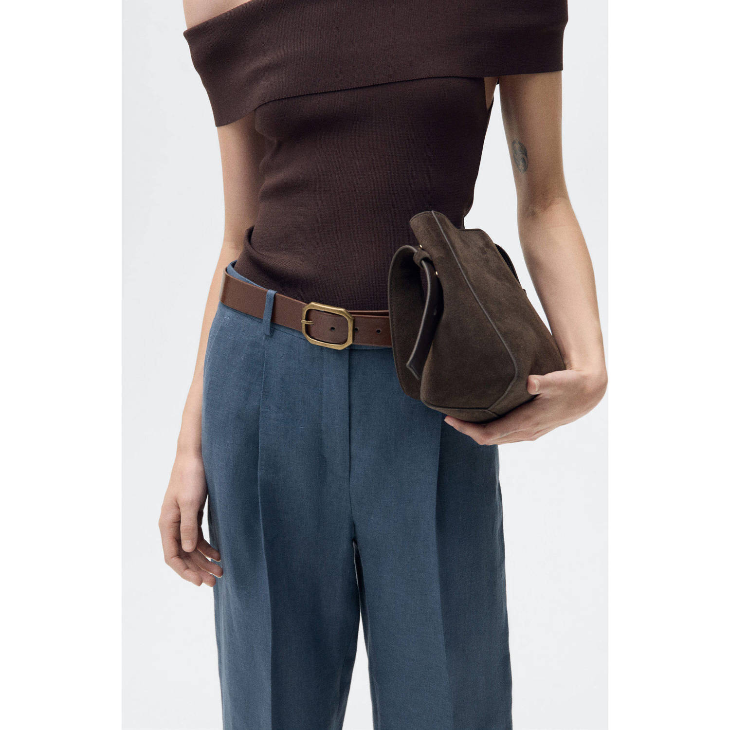 Mango linnen straight high waist pantalon blauw