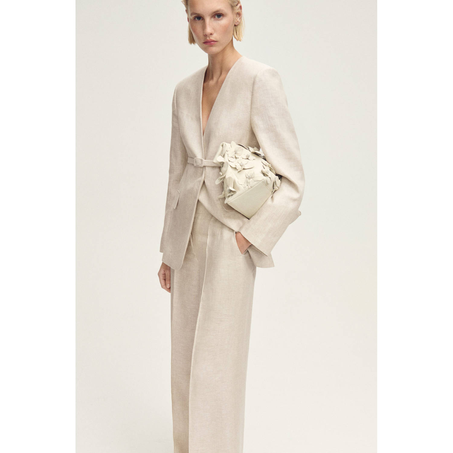 Mango linnen straight regular waist broek beige