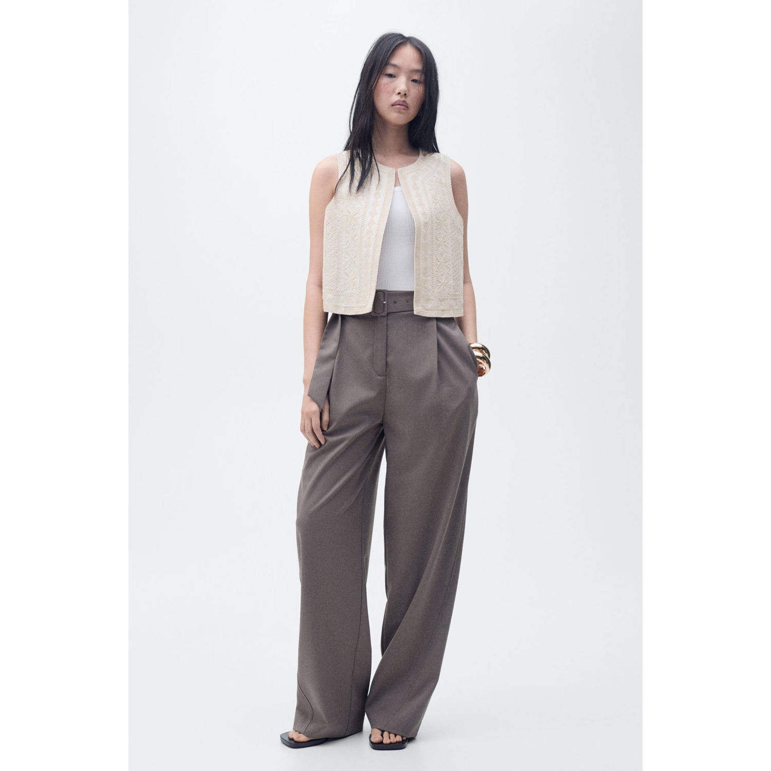 Mango linnen gilet beige broderie