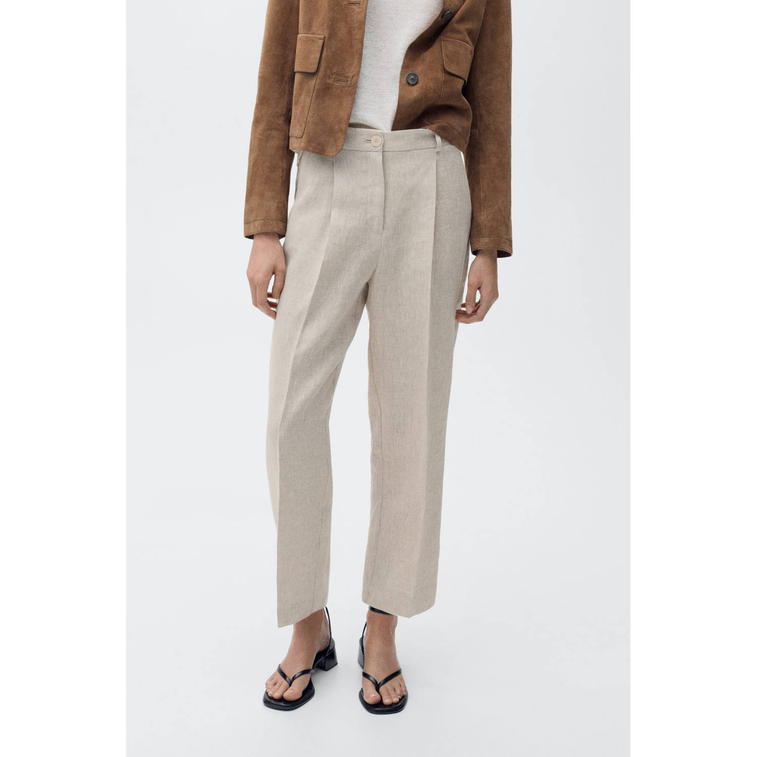 Mango linnen straight regular waist pantalon beige