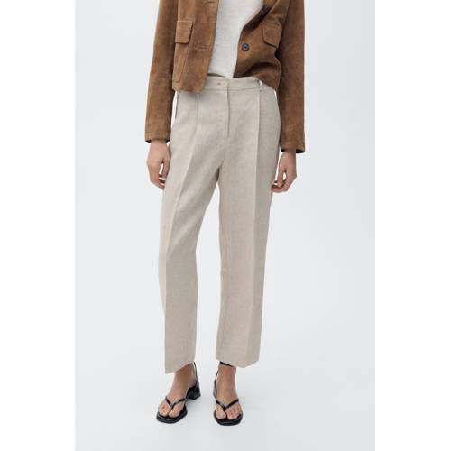 Mango linnen straight regular waist pantalon beige afbeelding