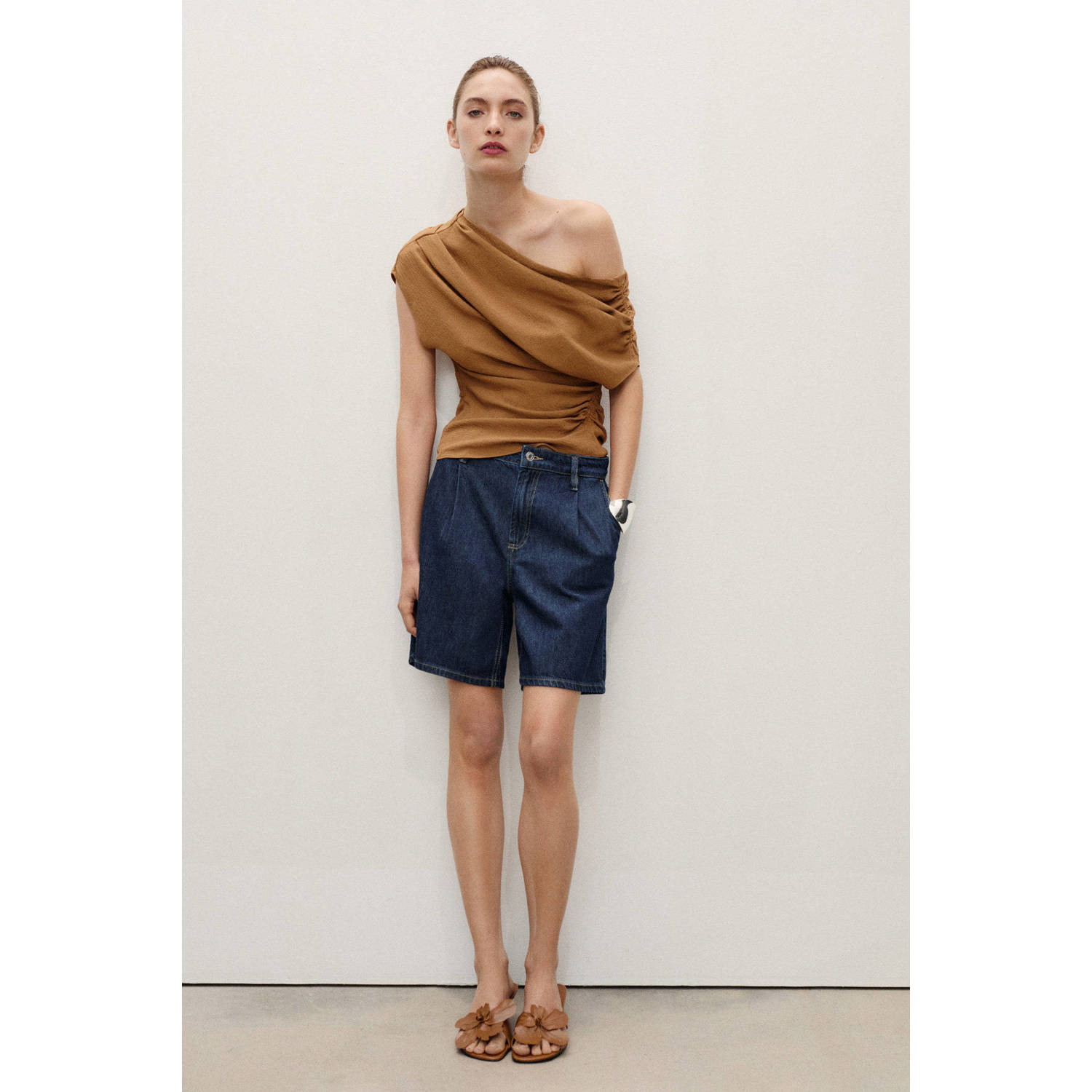 Mango denim straight high waist denim short dark blue denim