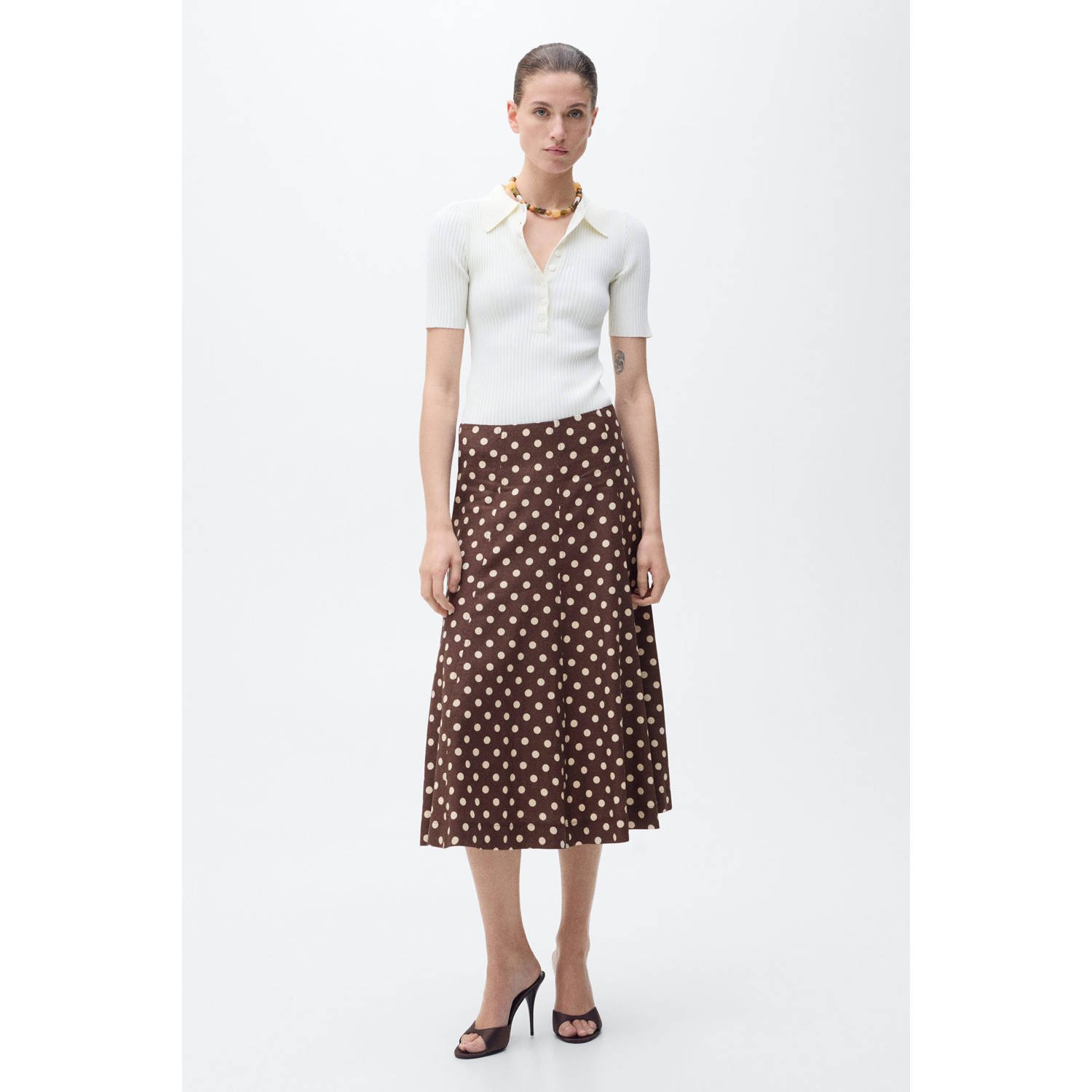 Mango linnen midi rok donkerbruin