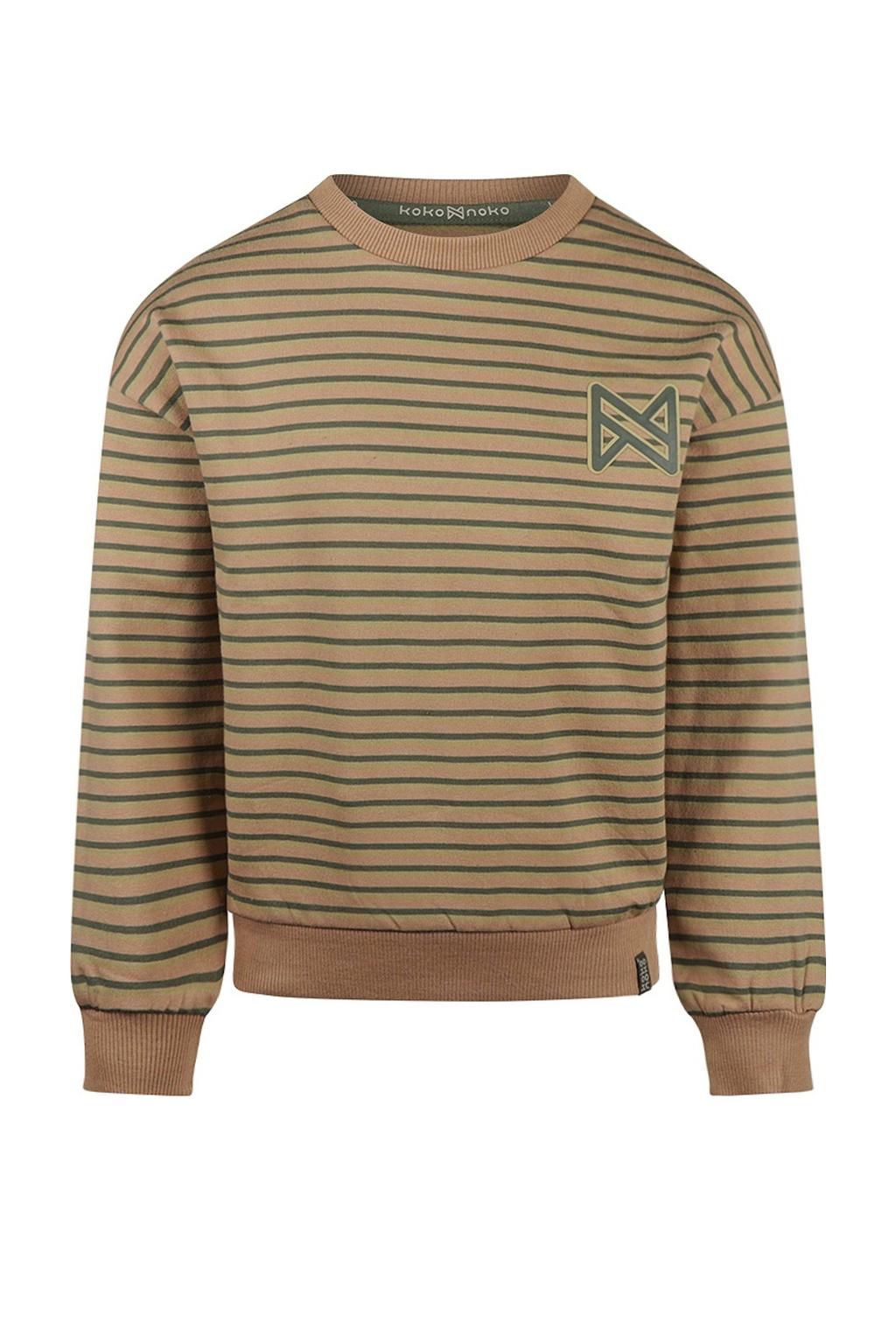 Bruine jongens Koko Noko sweater van stretchkatoen met strepenprint, lange mouwen, ronde hals en geribde boorden