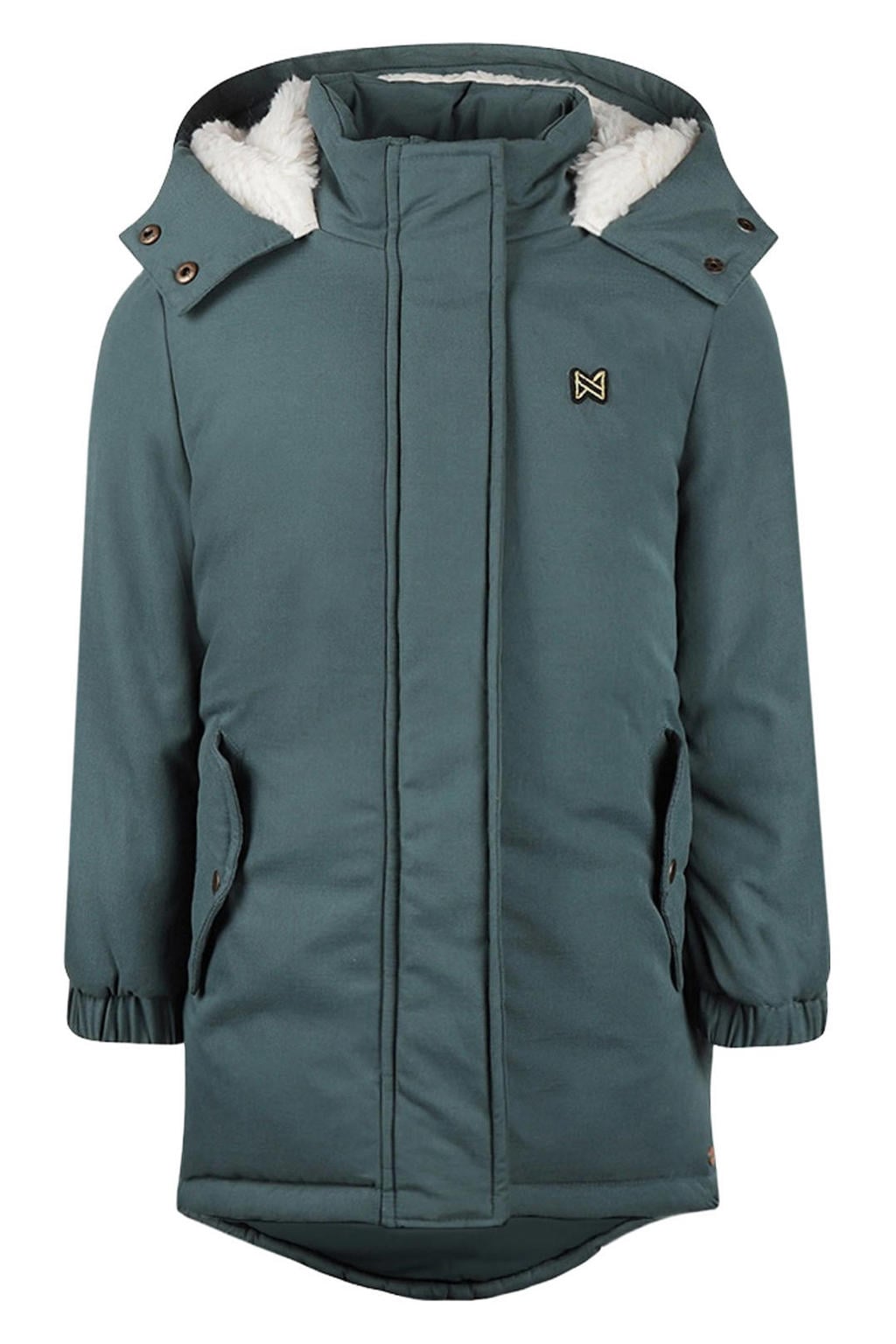 Grijsblauwe meisjes Koko Noko parka blauw van polyester met effen, lange mouwen, capuchon en rits- en drukknoopsluiting