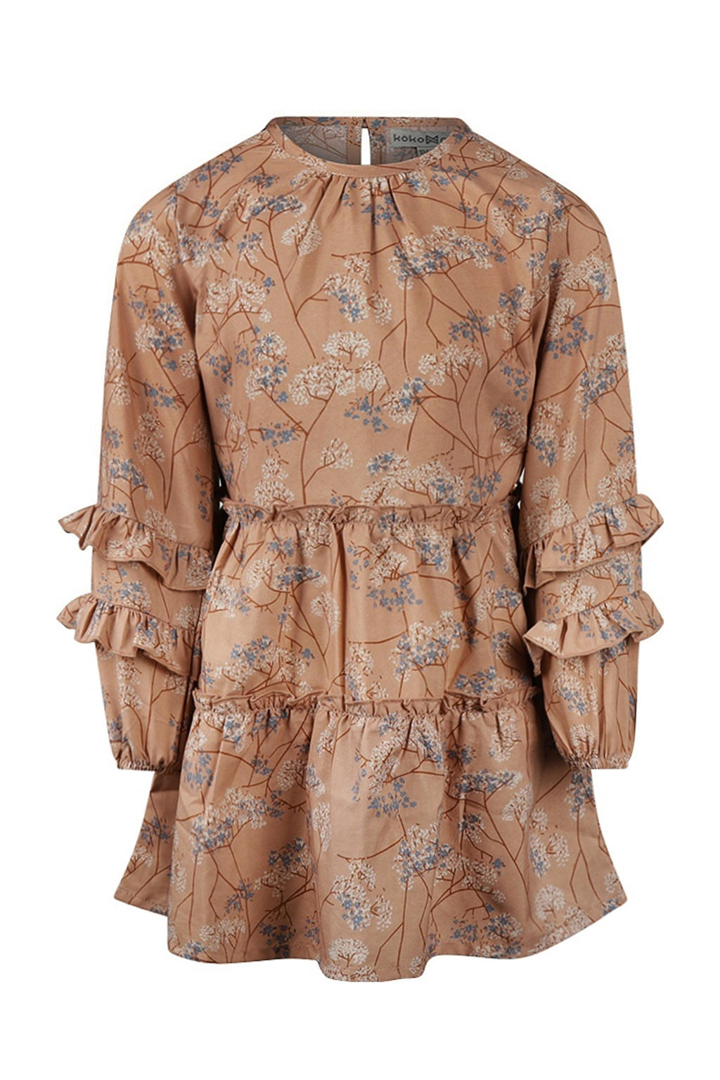 Bruin, ecru en blauwe meisjes Koko Noko korte jurk van polyester met bloemenprint, lange mouwen en ronde hals