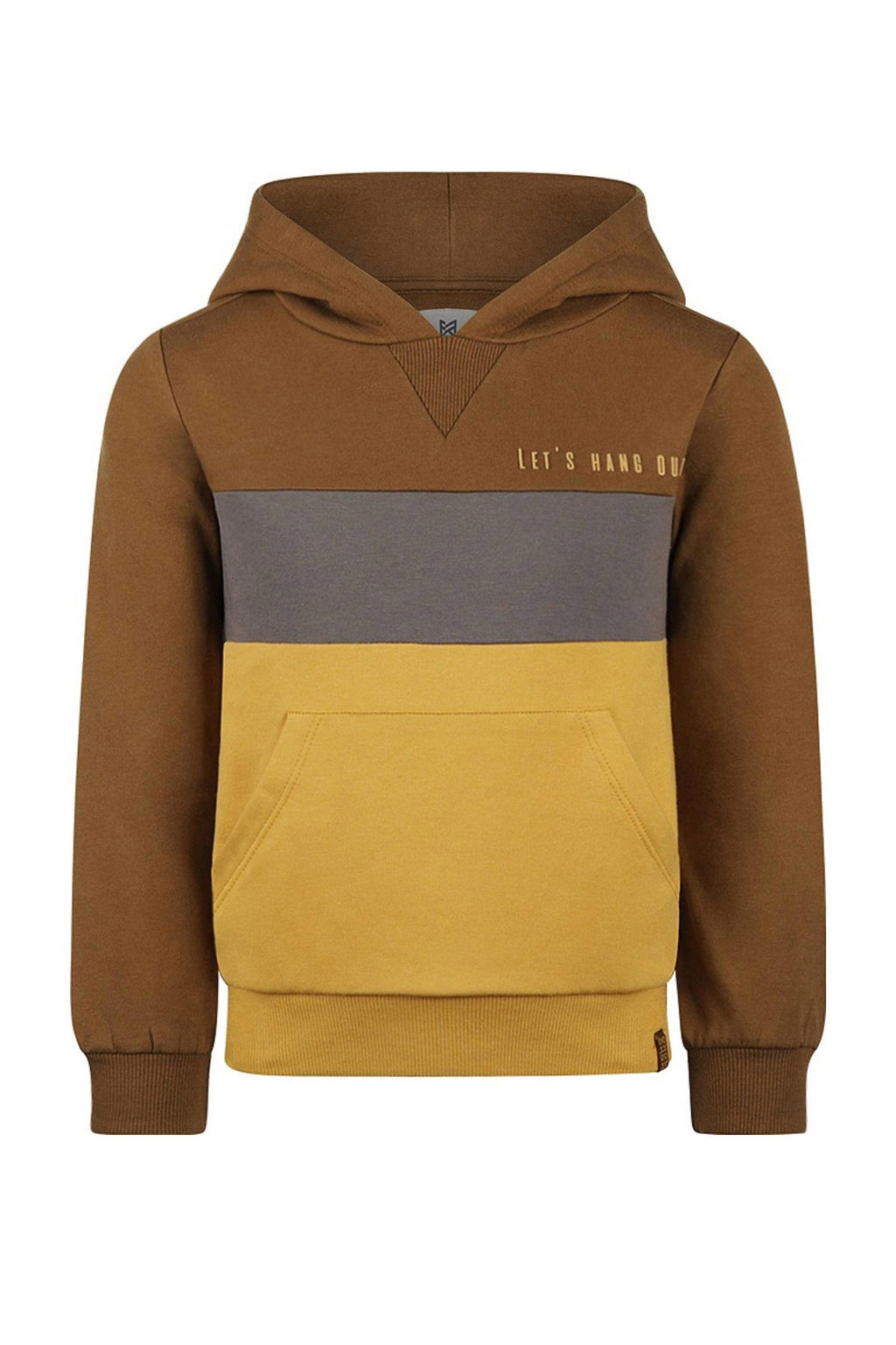 Bruine jongens Koko Noko hoodie gebreid van stretchkatoen met meerkleurige print, lange mouwen en capuchon