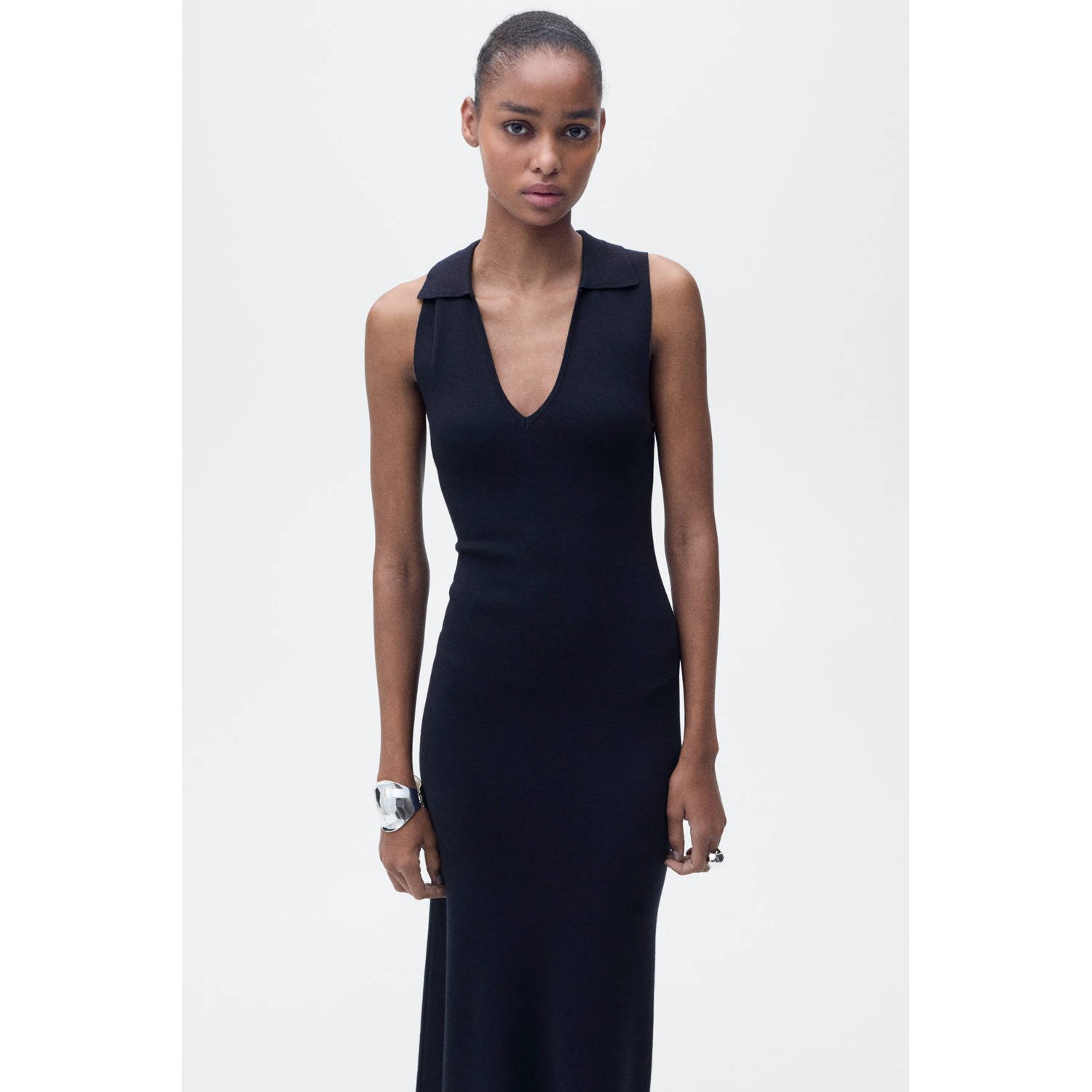 Mango maxi jurk rib gebreid donkerblauw