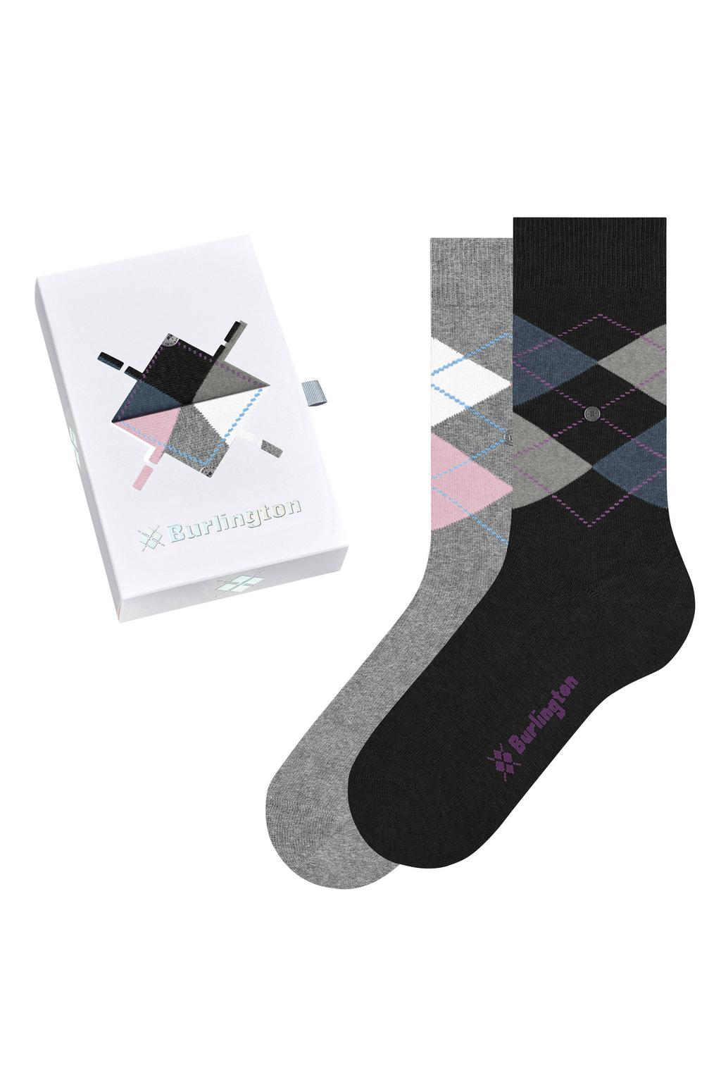 Burlington giftbox sokken Argyle - zwart (set van 2)