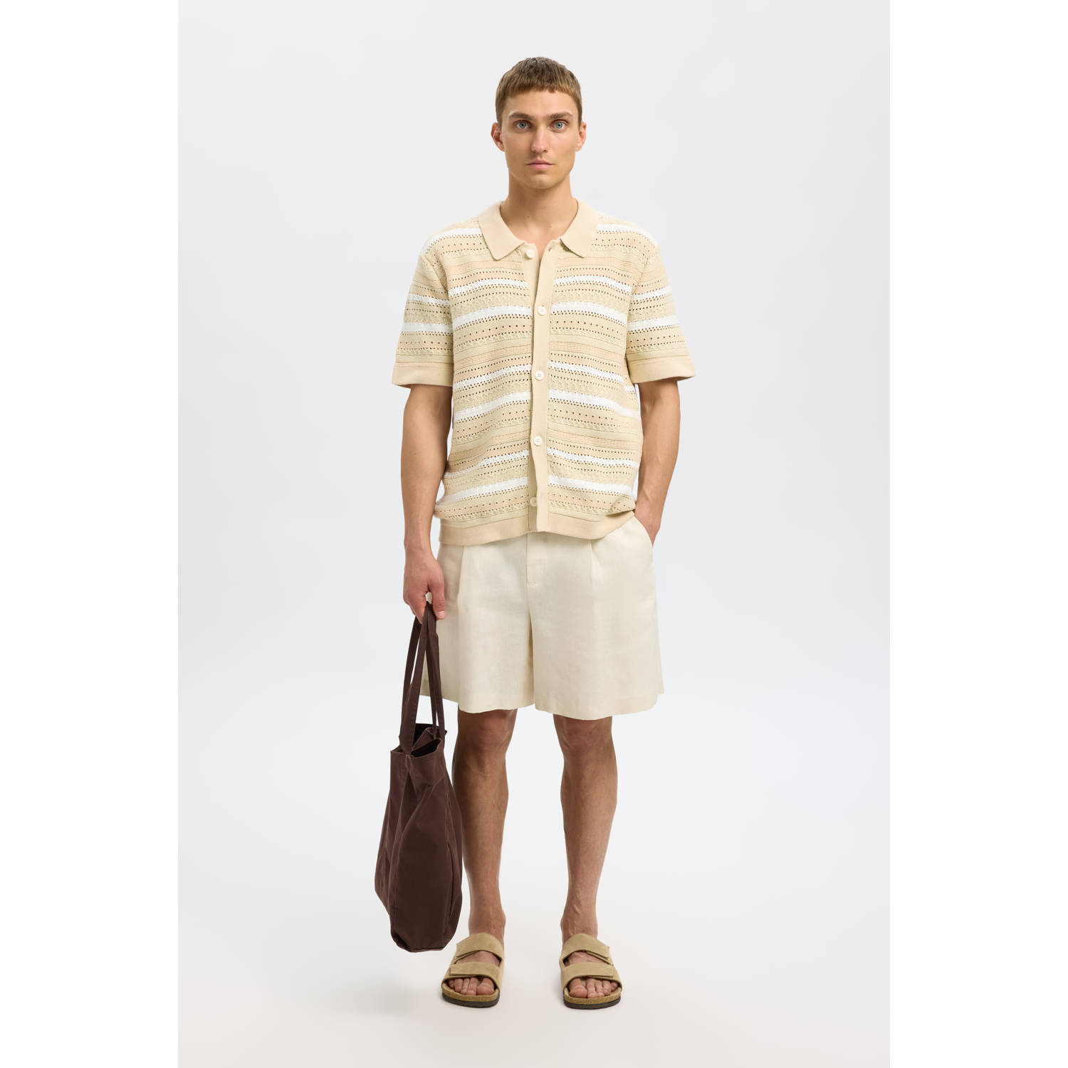SELECTED HOMME regular fit gehaakt overhemd SLHPALO beige