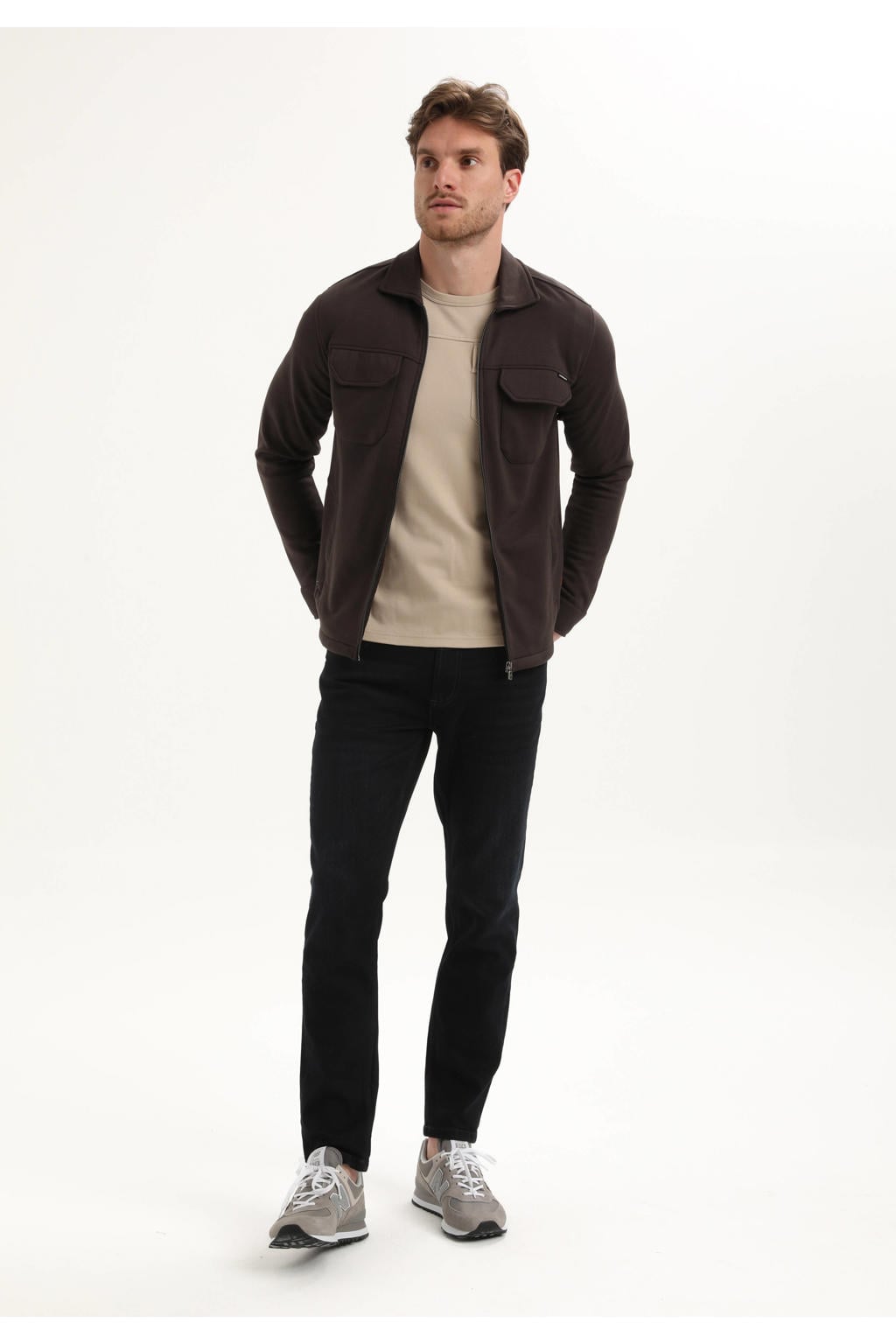 Bruine heren GABBIANO overshirt van sweat materiaal met effen, lange mouwen, klassieke kraag en ritssluiting