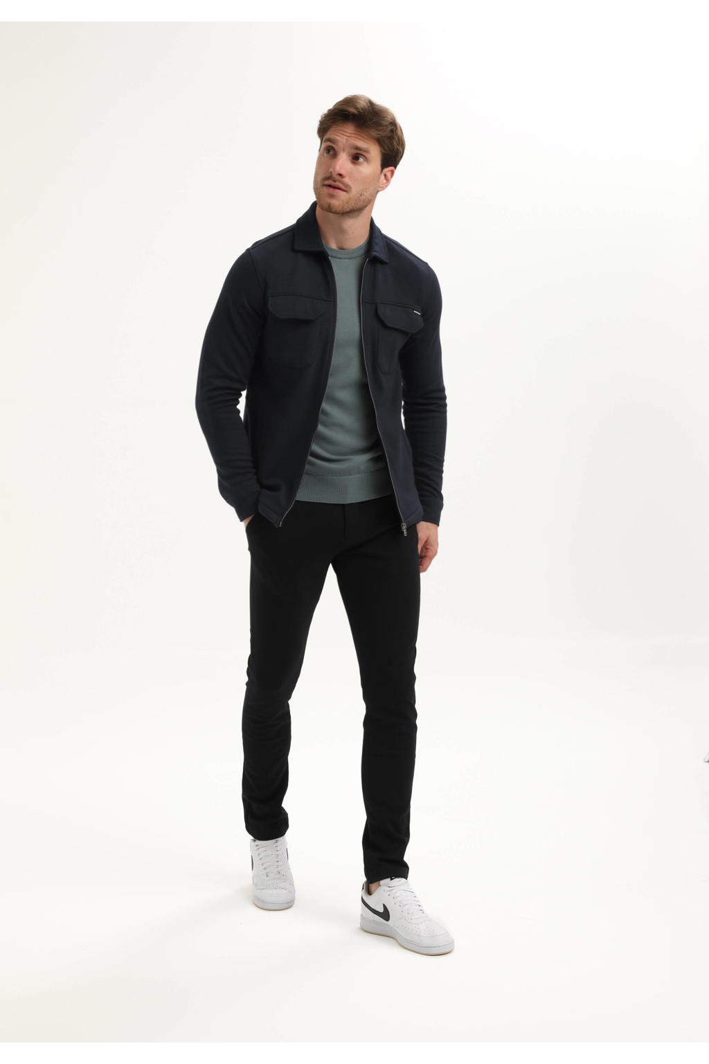 Zwarte heren GABBIANO overshirt van sweat materiaal met effen, lange mouwen, klassieke kraag en ritssluiting
