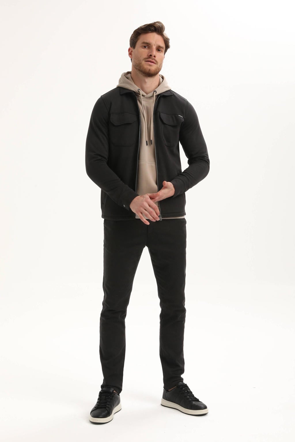 Zwarte heren GABBIANO overshirt van sweat materiaal met effen, lange mouwen, klassieke kraag en ritssluiting