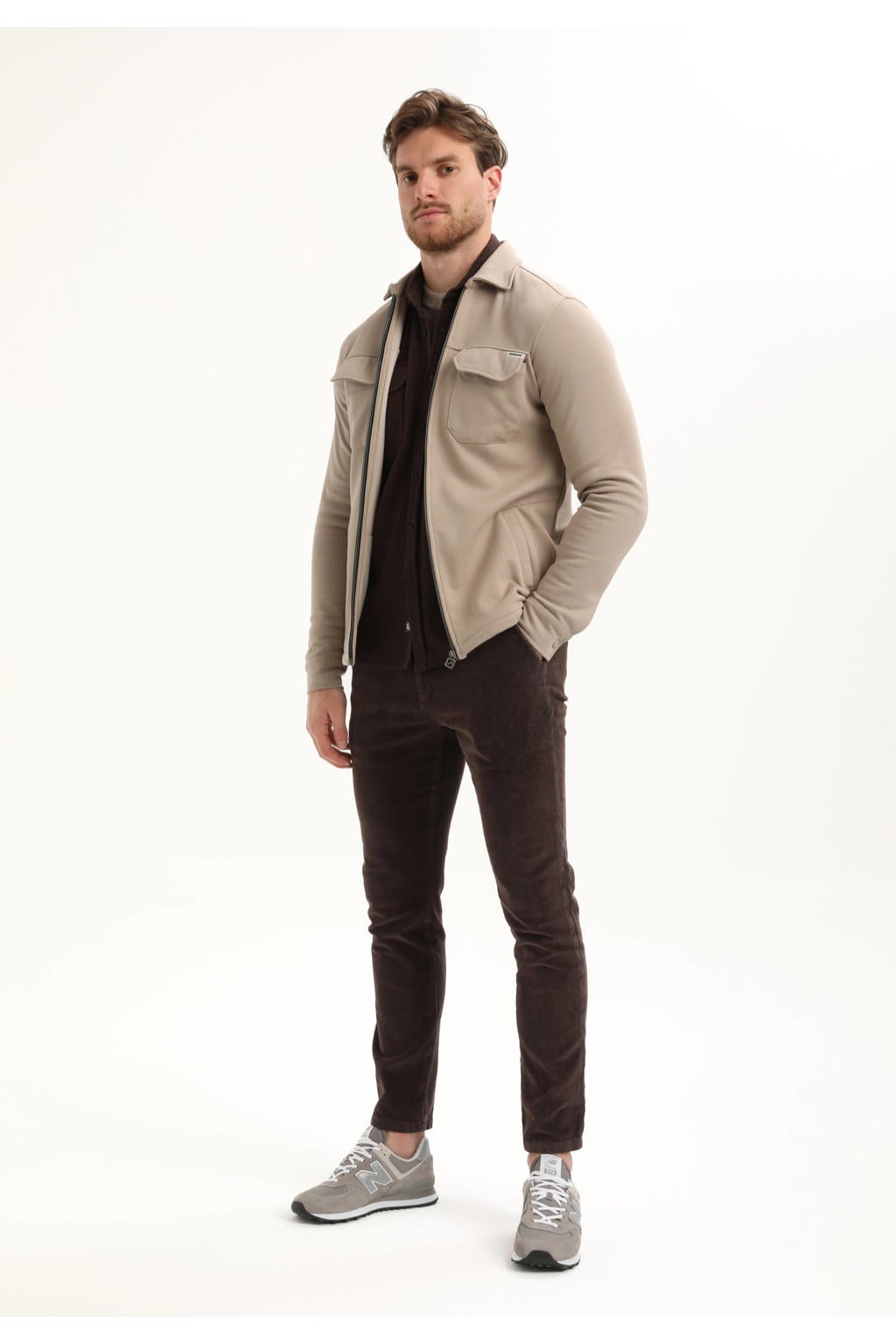 Taupe heren GABBIANO overshirt van sweat materiaal met effen, lange mouwen, klassieke kraag en ritssluiting