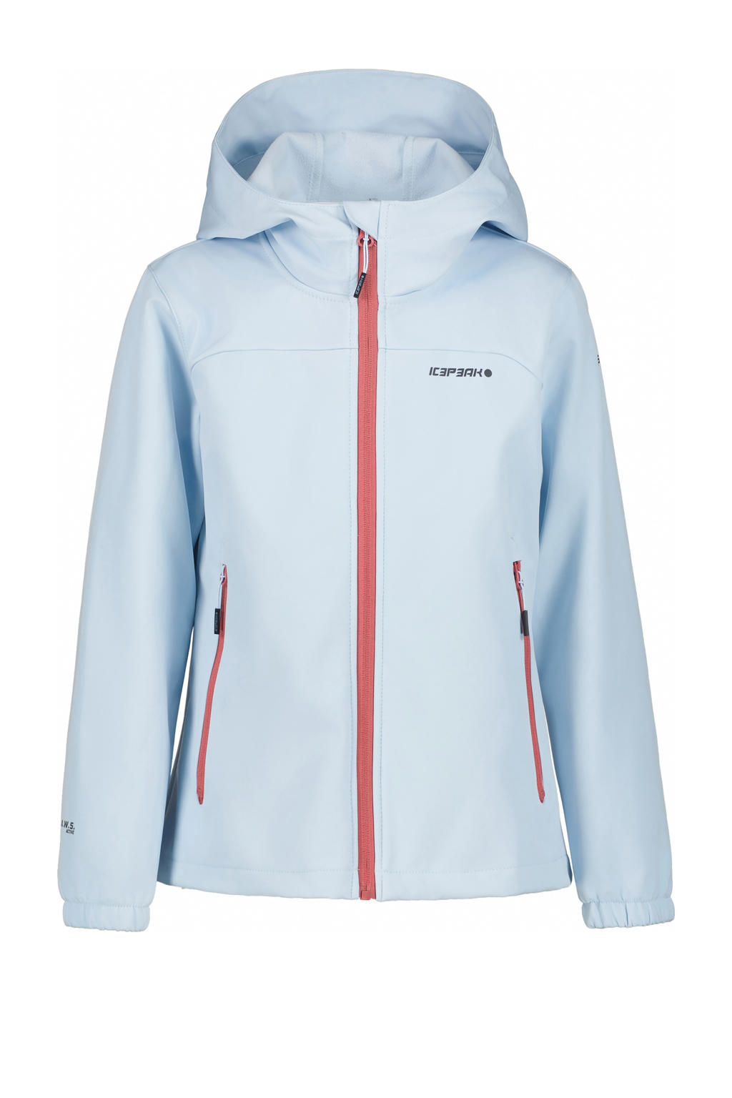 Lichtblauw en oranje meisjes Icepeak jas KOBRYN van softshell materiaal met effen, lange mouwen, capuchon en ritssluiting