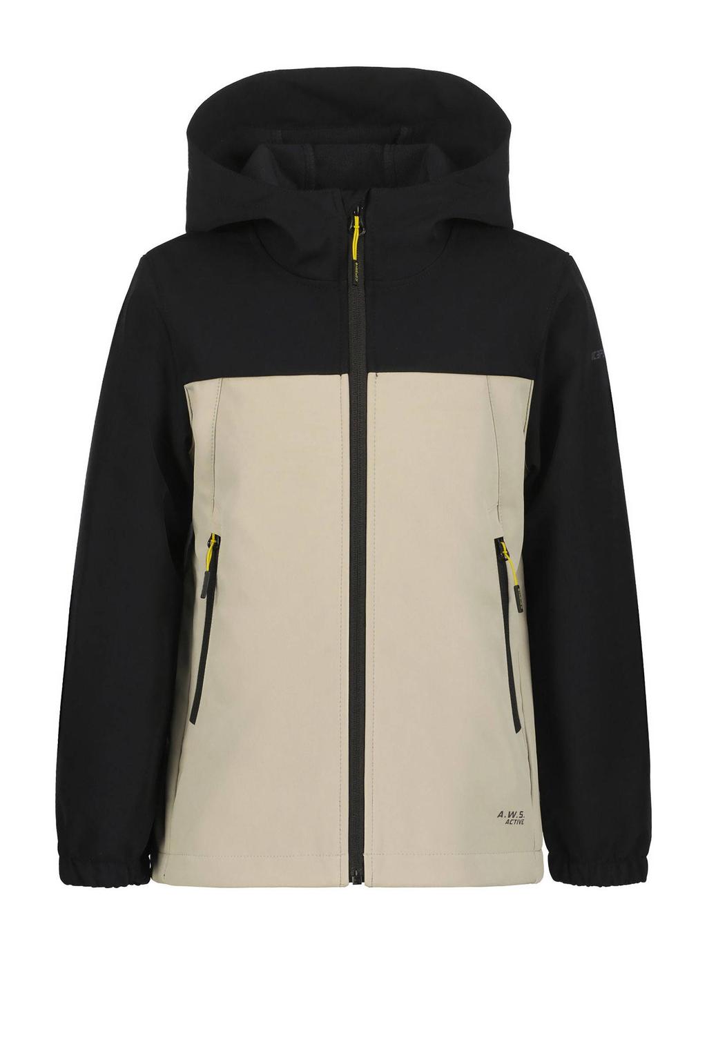 Beige en zwarte jongens Icepeak jas Konan van softshell materiaal met effen, lange mouwen, capuchon en ritssluiting