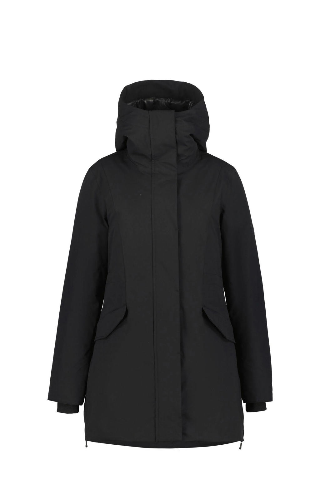 Zwarte dames Icepeak jas Maben van polyester met effen, lange mouwen, capuchon en 2-way rits met windvanger