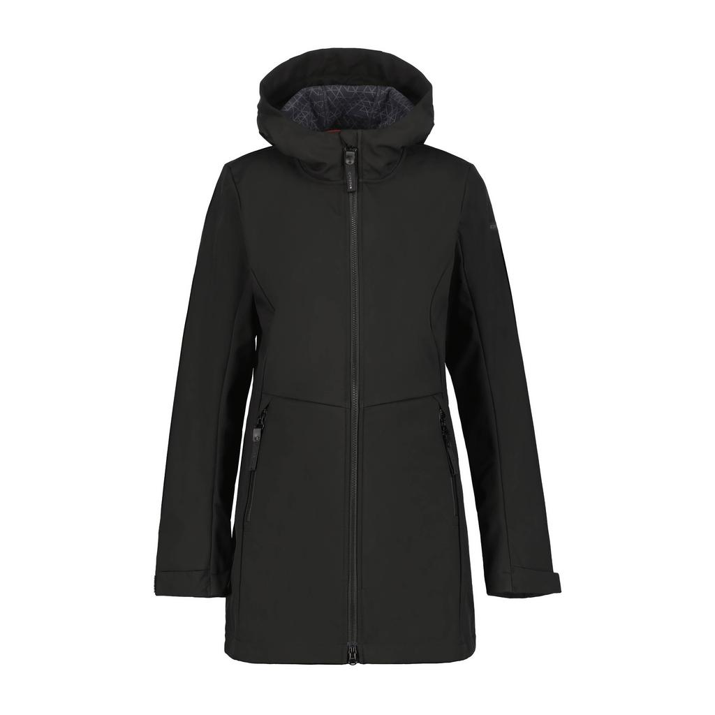 Zwarte dames Icepeak jas Alamosa van polyester met effen, lange mouwen, capuchon en 2-way rits