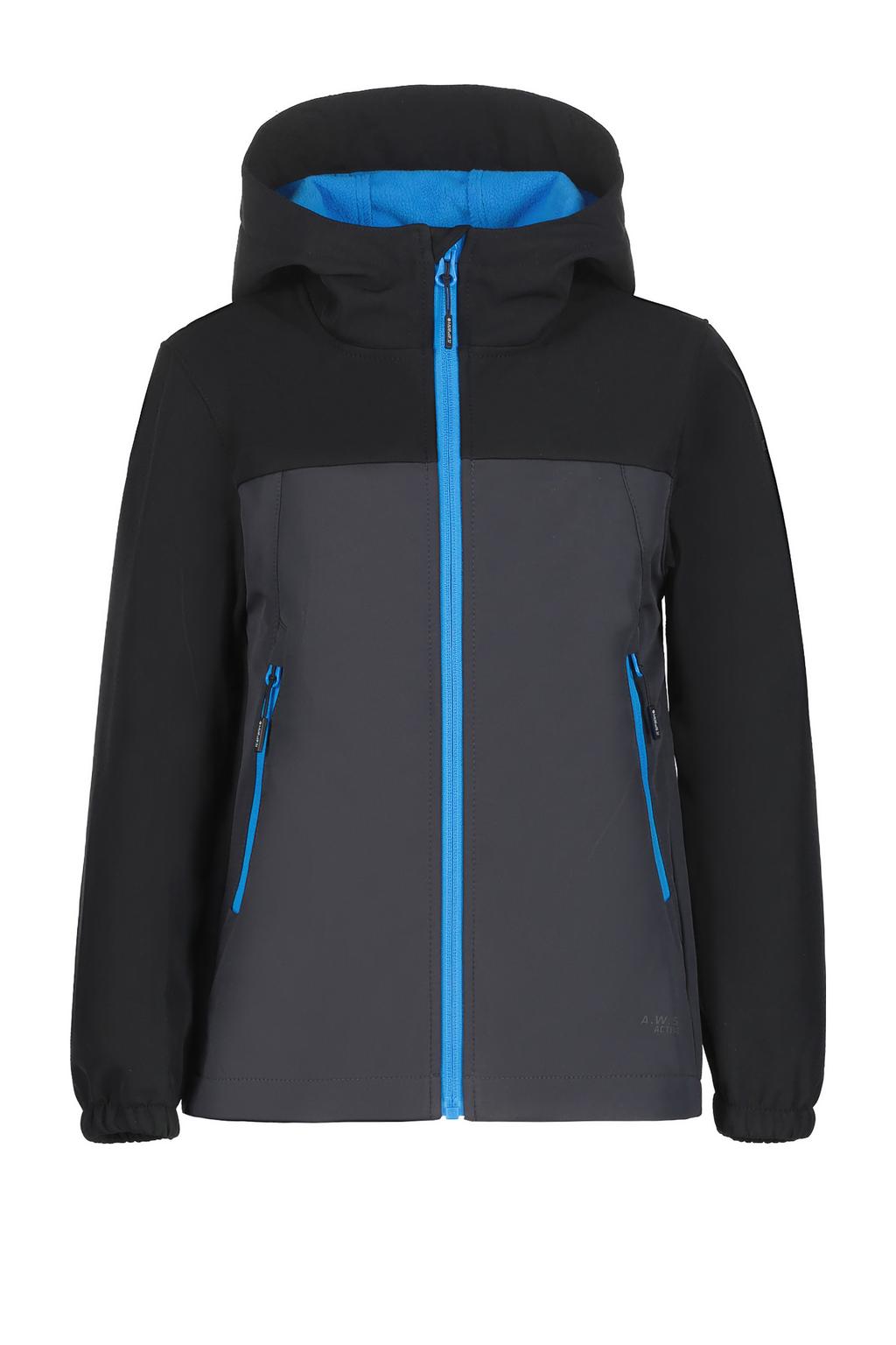 Grijs, zwart en blauwe jongens Icepeak jas Konan van softshell materiaal met effen, lange mouwen, capuchon en ritssluiting