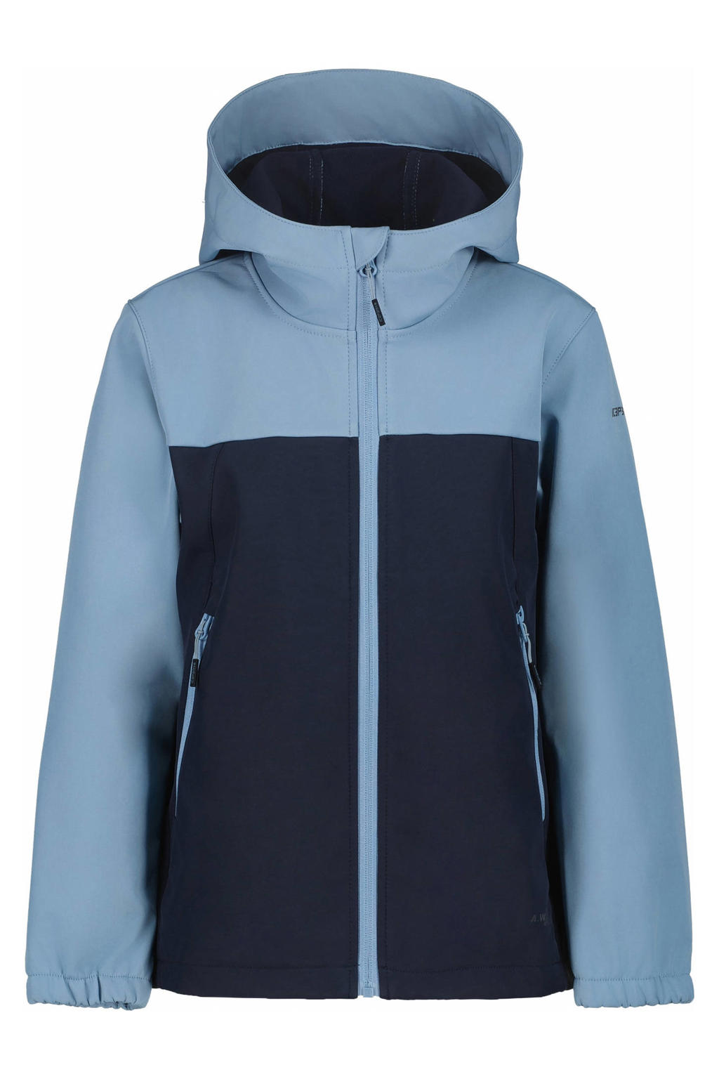 Blauw, donkerblauw en lichtblauwe jongens Icepeak jas Konan van softshell materiaal met effen, lange mouwen, capuchon en ritssluiting