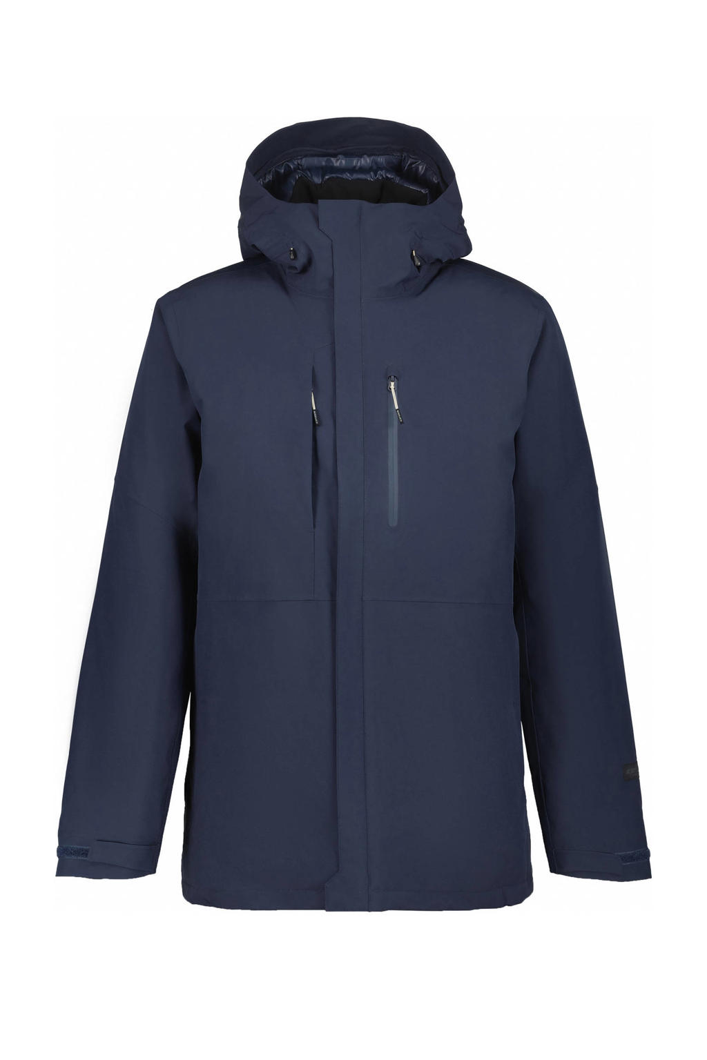 Donkerblauwe heren Icepeak parka Bakerhill van polyester met effen, lange mouwen, capuchon en rits met windvanger