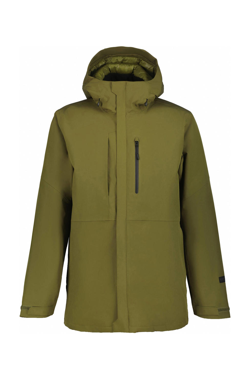 Olijfgroene heren Icepeak parka Bakerhill van polyester met effen, lange mouwen, capuchon en rits met windvanger