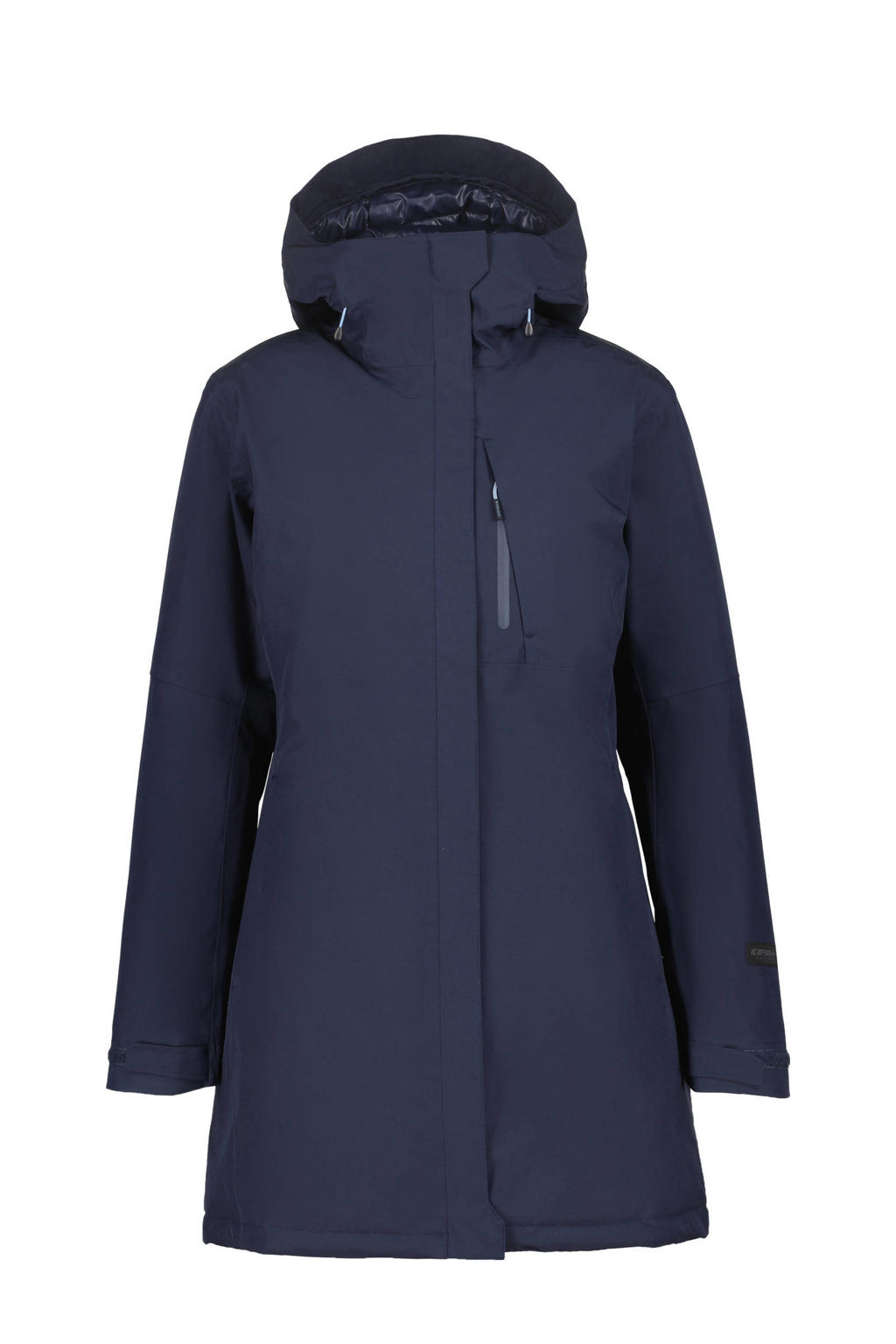 Donkerblauwe dames Icepeak parka Bagheria van polyester met lange mouwen, capuchon en 2-way rits met windvanger