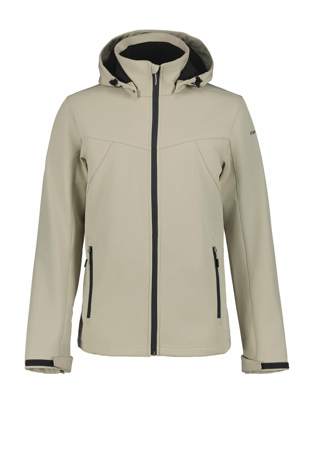 Zandkleurige heren Icepeak jas Brimfield van softshell materiaal met effen, lange mouwen, capuchon en ritssluiting